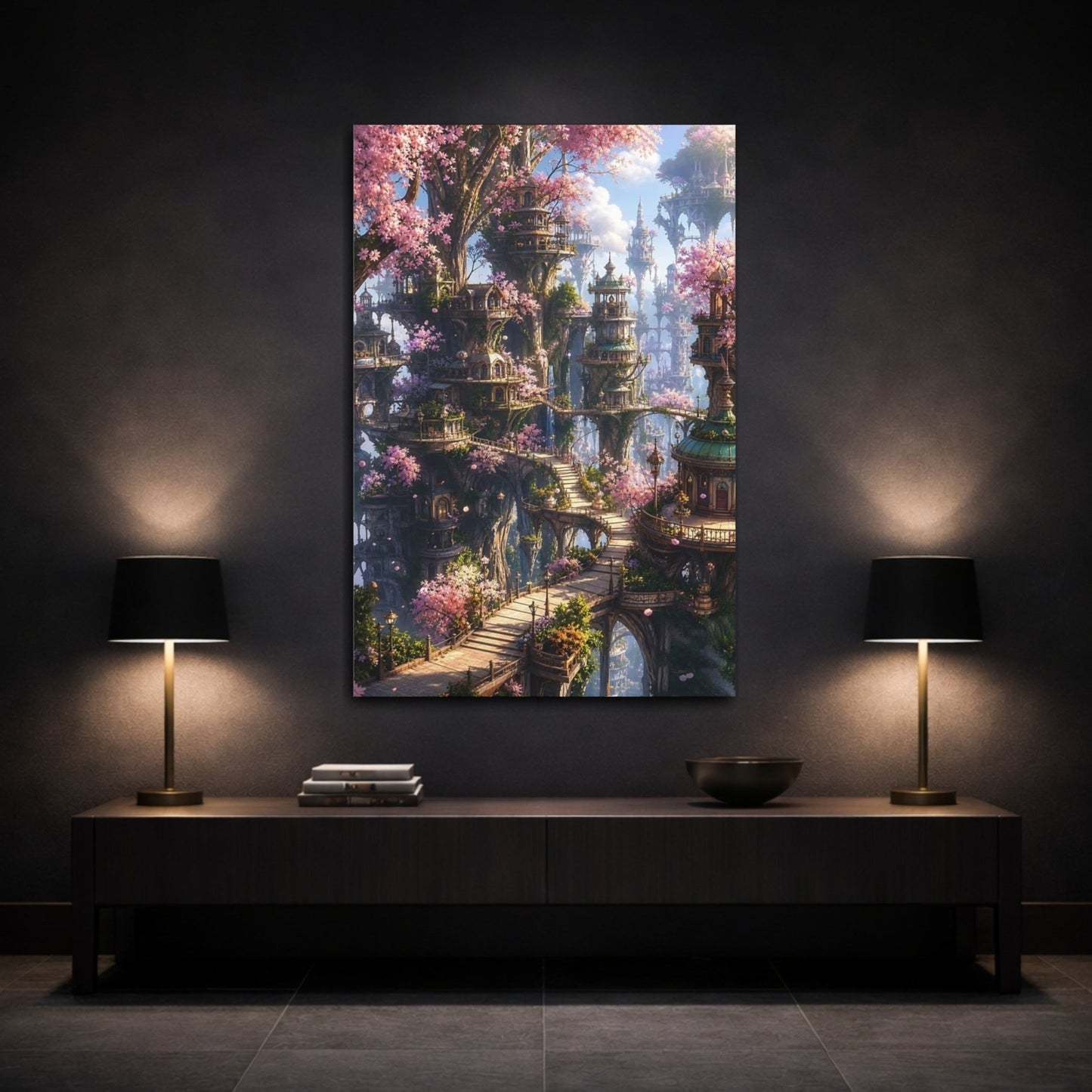 Fairytale Fantasy City Pink Blossom Canvas Print – Living Room, Above Couch - YesArtYes