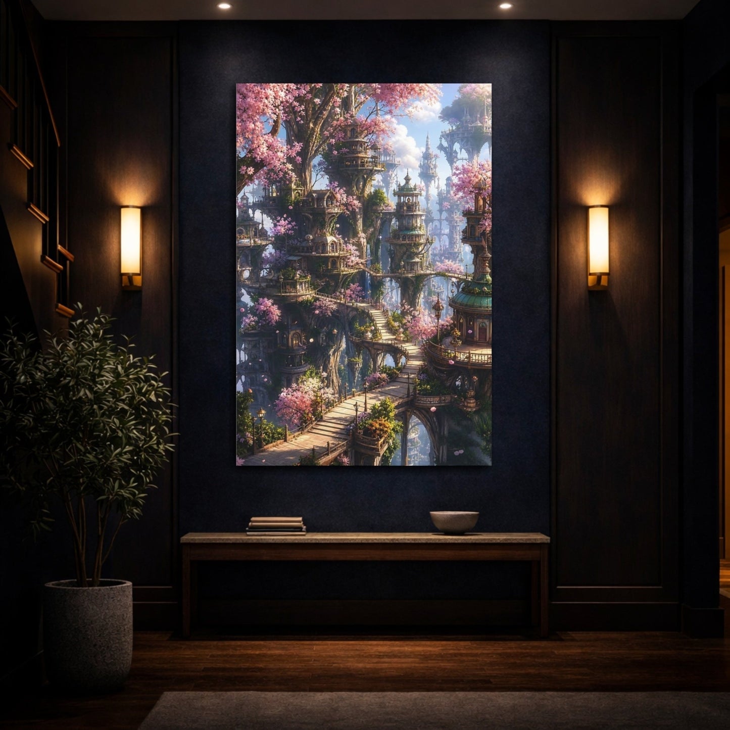Fairytale Fantasy City Pink Blossom Canvas Print – Living Room, Above Couch - YesArtYes