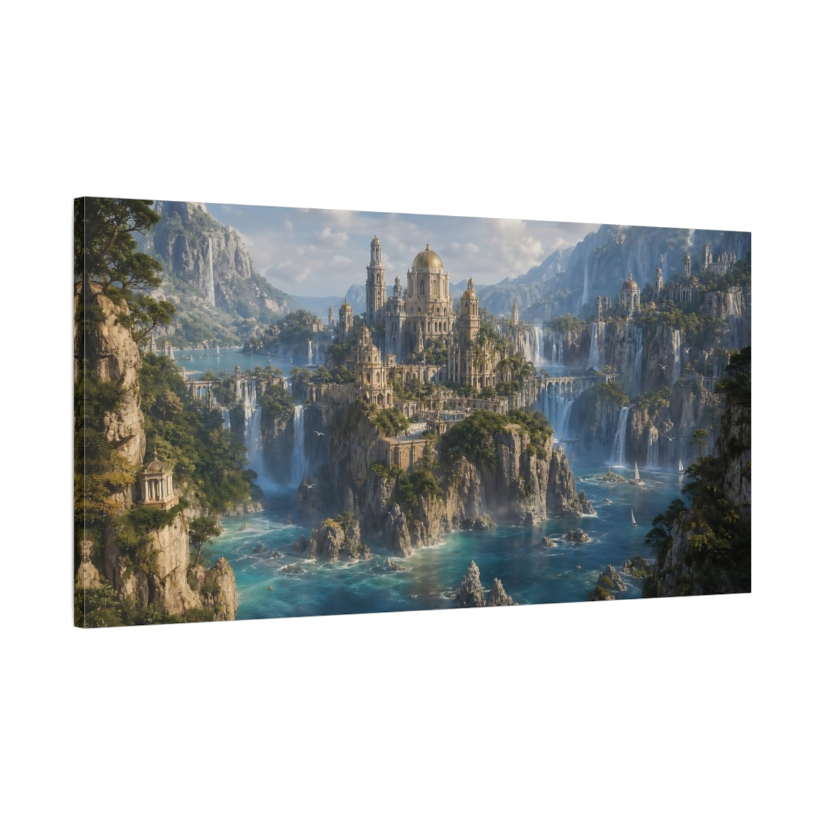 Main Mockup. Fairytale Fantasy City Turquoise Cityscape shown as stretched canvas wall art