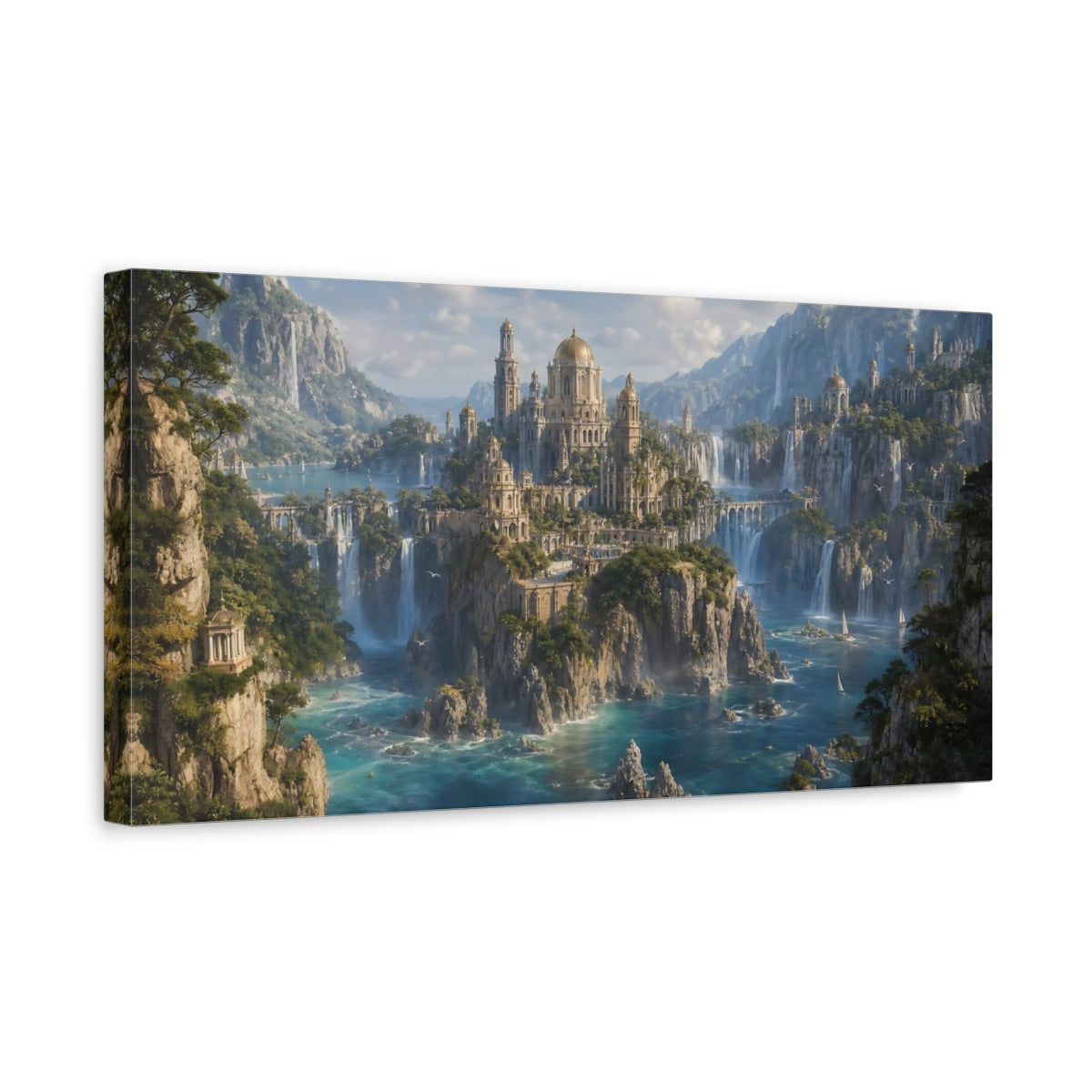 Side Mockup 3. Fairytale Fantasy City Turquoise Cityscape shown as stretched canvas wall art