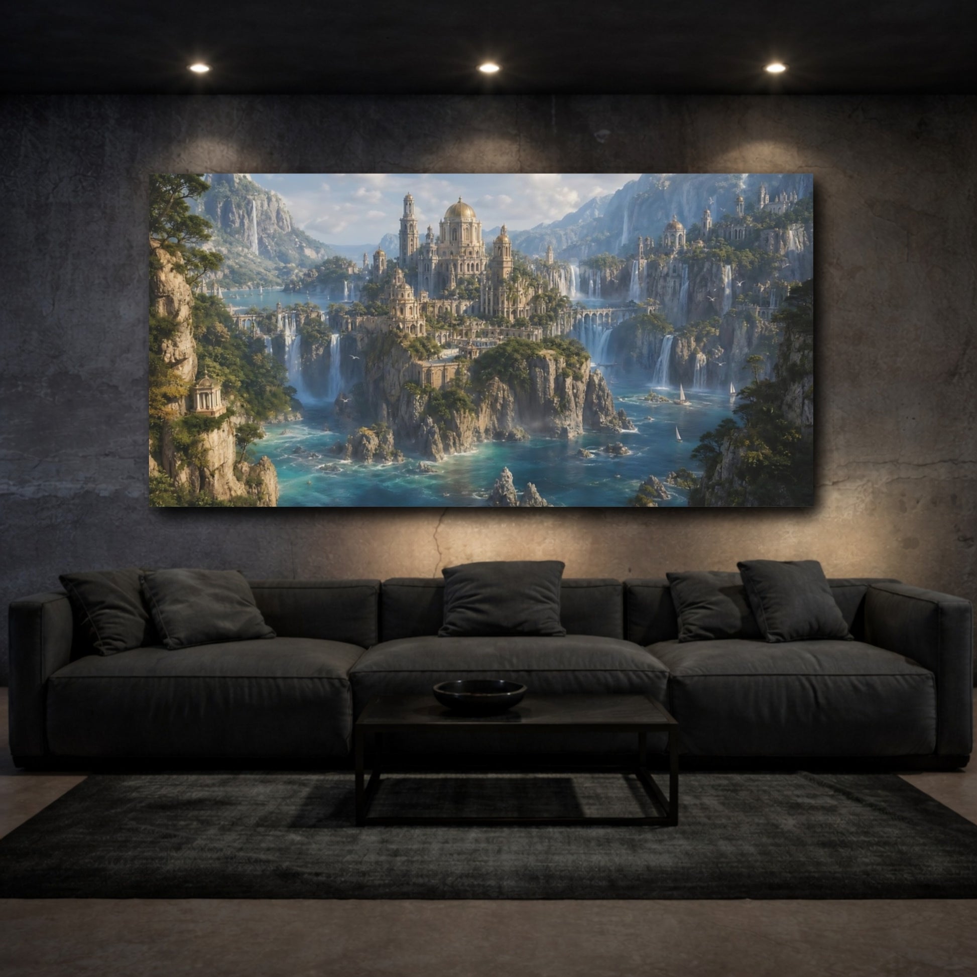 Mockup 2. Fairytale Fantasy City Turquoise Cityscape shown as stretched canvas wall art