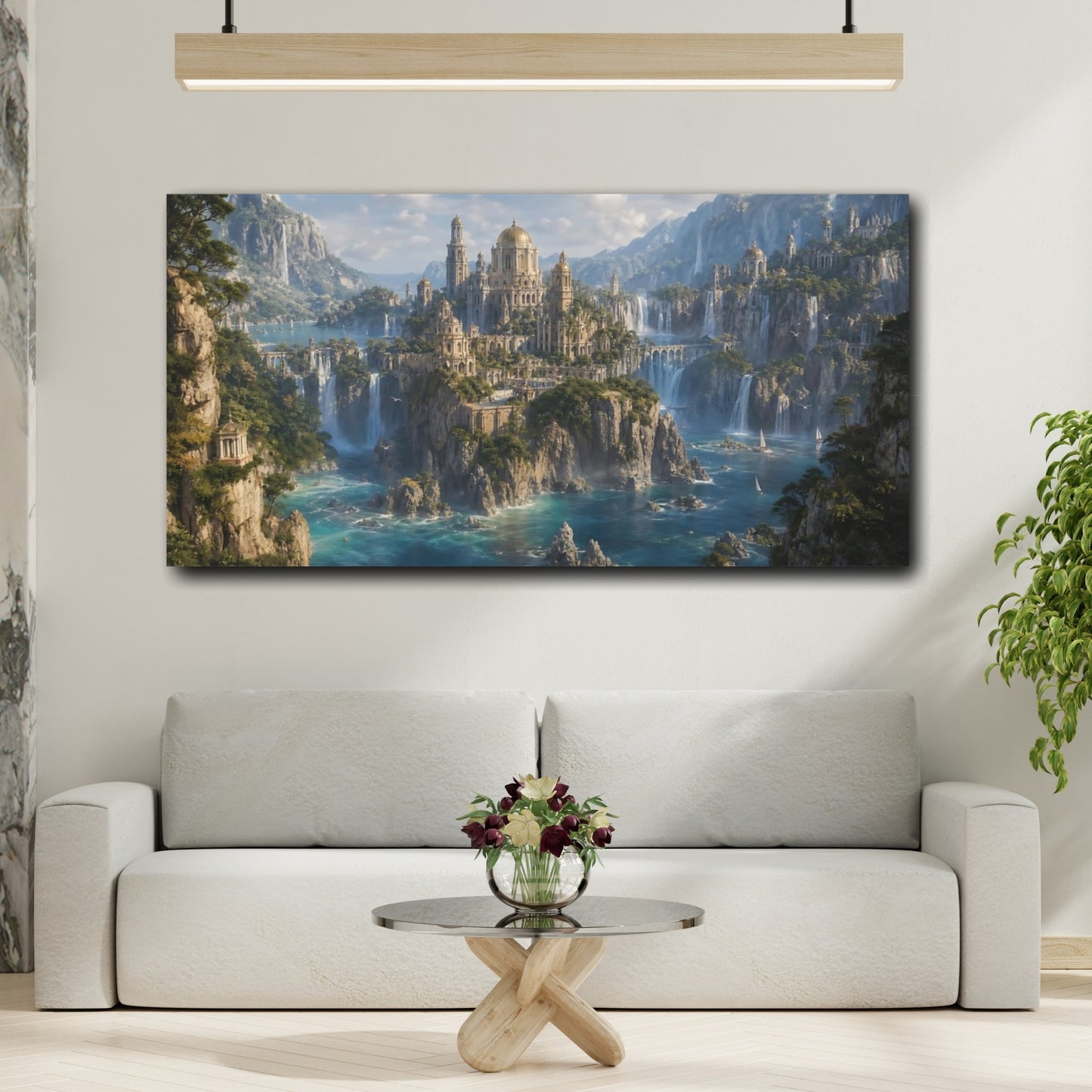 Mockup 3. Fairytale Fantasy City Turquoise Cityscape shown as stretched canvas wall art