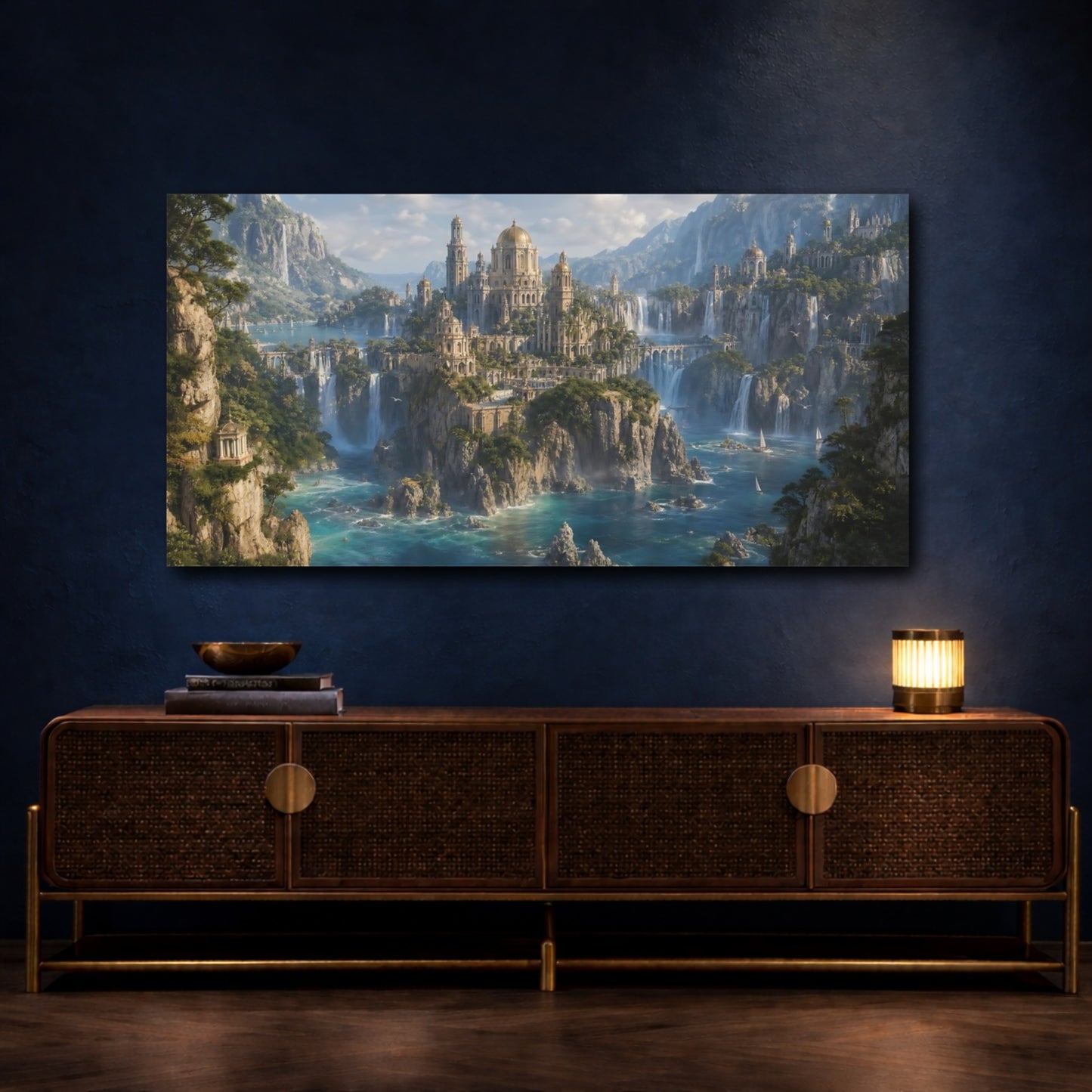 Mockup 4. Fairytale Fantasy City Turquoise Cityscape shown as stretched canvas wall art