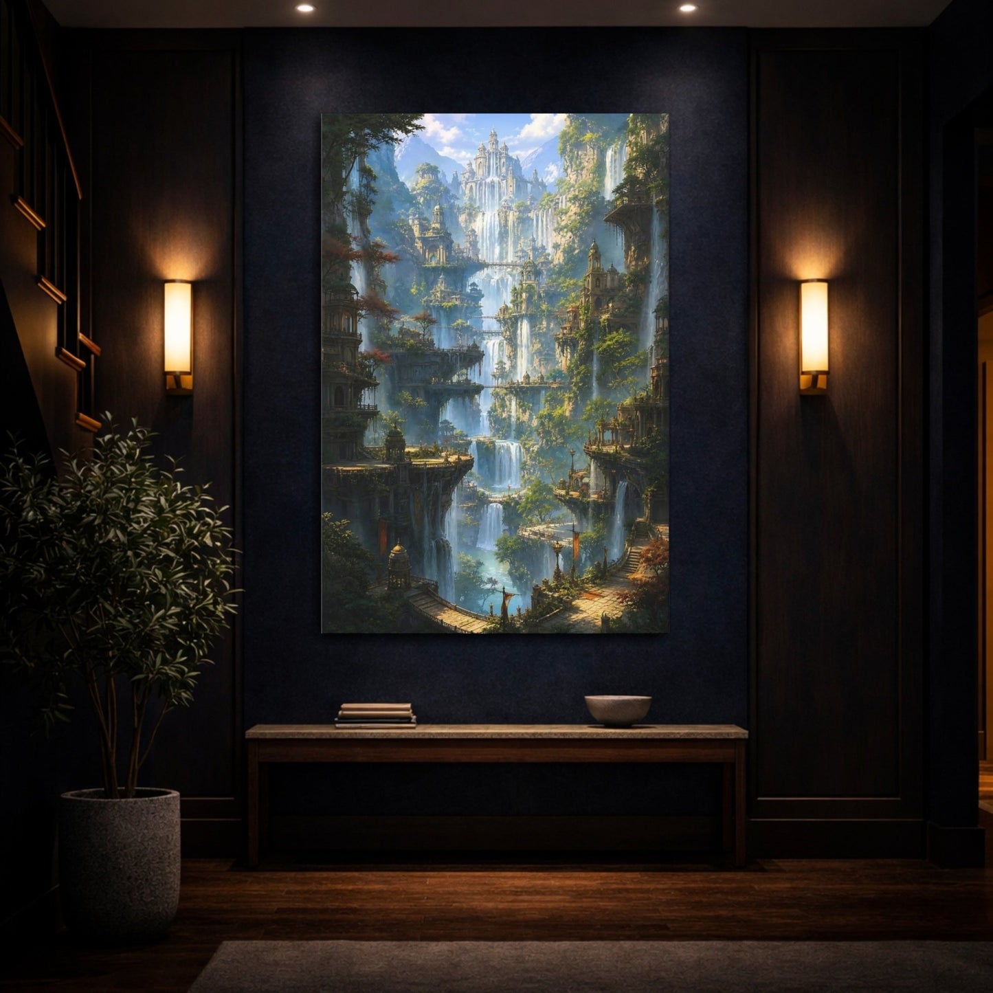 Fairytale Fantasy City Waterfall Canvas Wall Art Print – Luxury Living Room, Large - YesArtYes