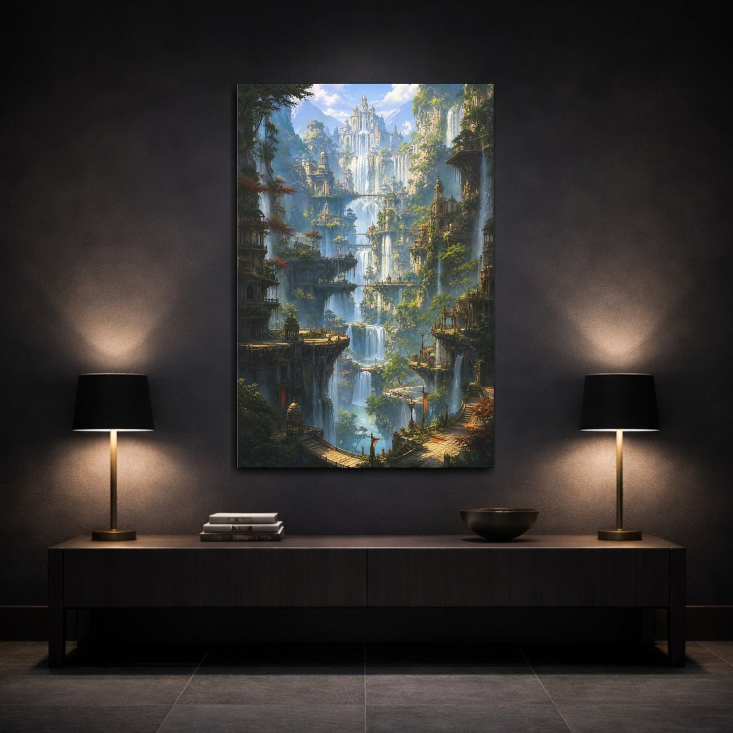 Fairytale Fantasy City Waterfall Canvas Wall Art Print – Luxury Living Room, Large - YesArtYes
