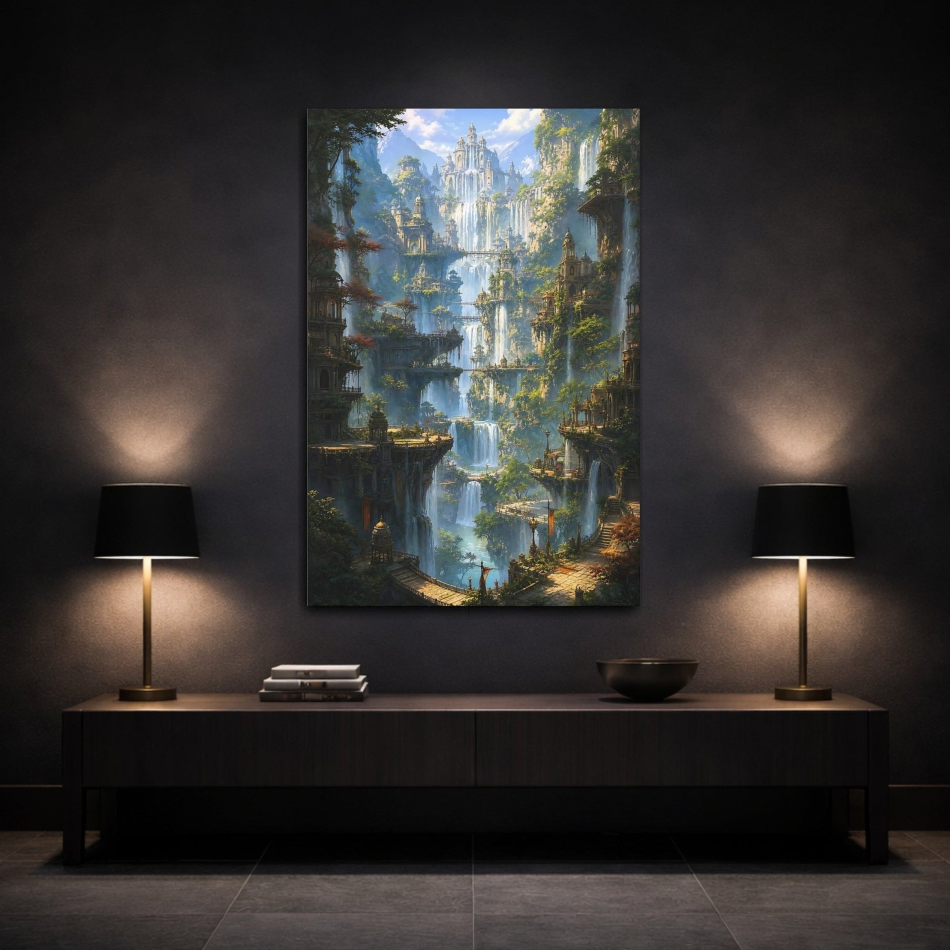 Fairytale Fantasy City Waterfall Canvas Wall Art Print – Luxury Living Room, Large - YesArtYes