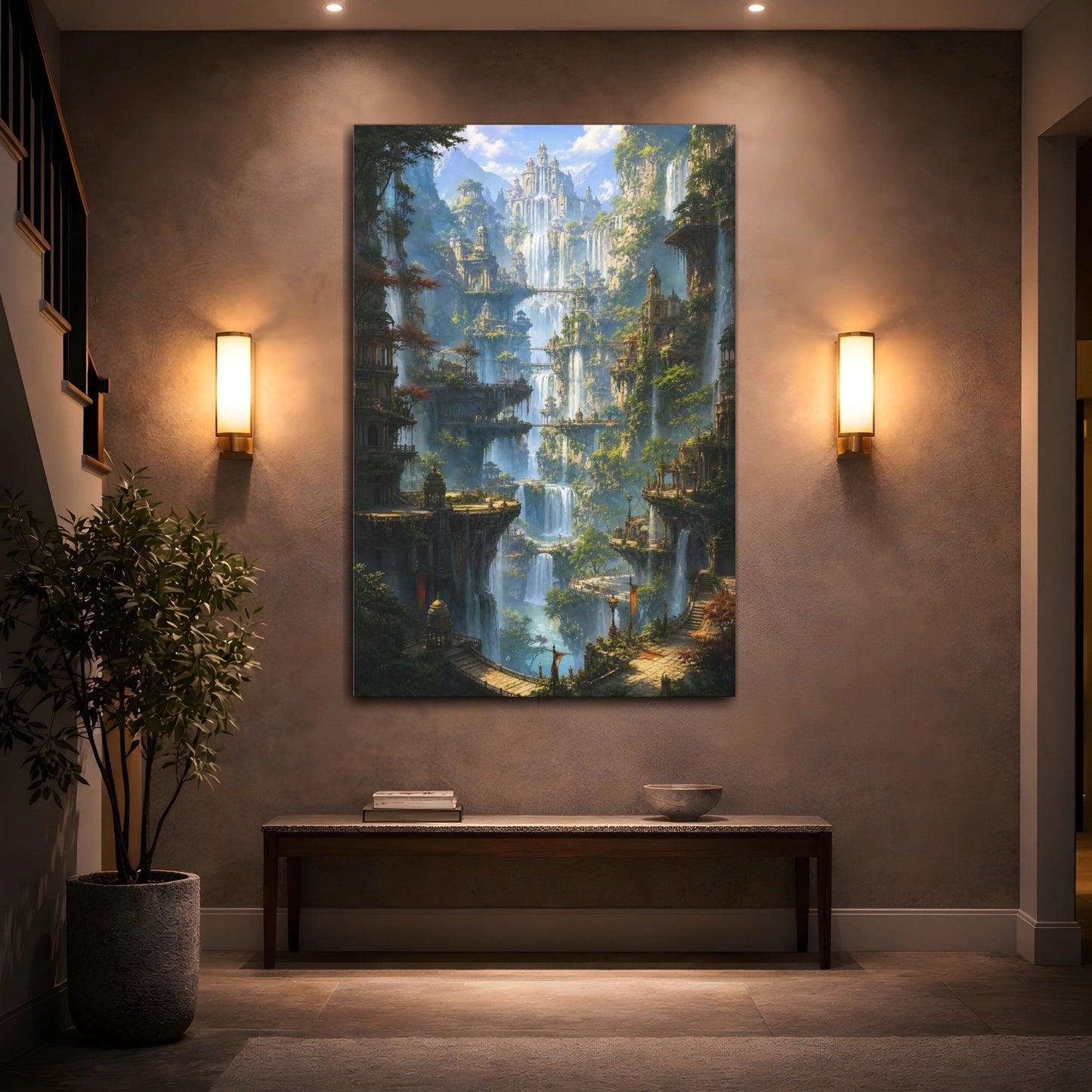 Fairytale Fantasy City Waterfall Canvas Wall Art Print – Luxury Living Room, Large - YesArtYes