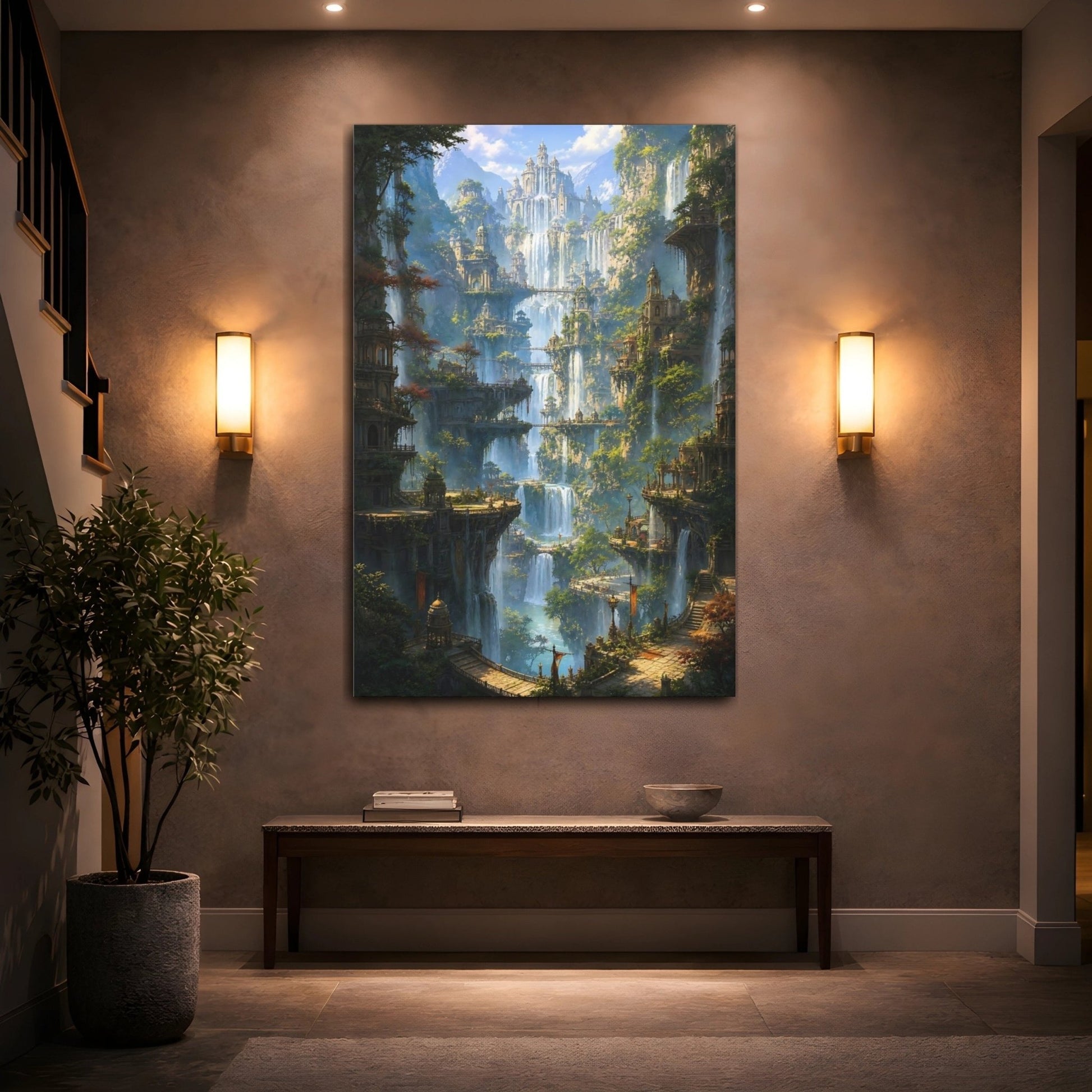 Fairytale Fantasy City Waterfall Canvas Wall Art Print – Luxury Living Room, Large - YesArtYes