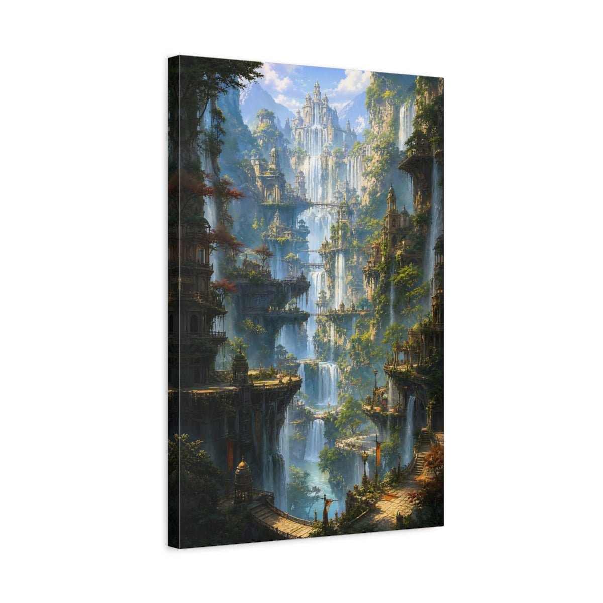 Fairytale Fantasy City Waterfall Canvas Wall Art Print – Luxury Living Room, Large - YesArtYes