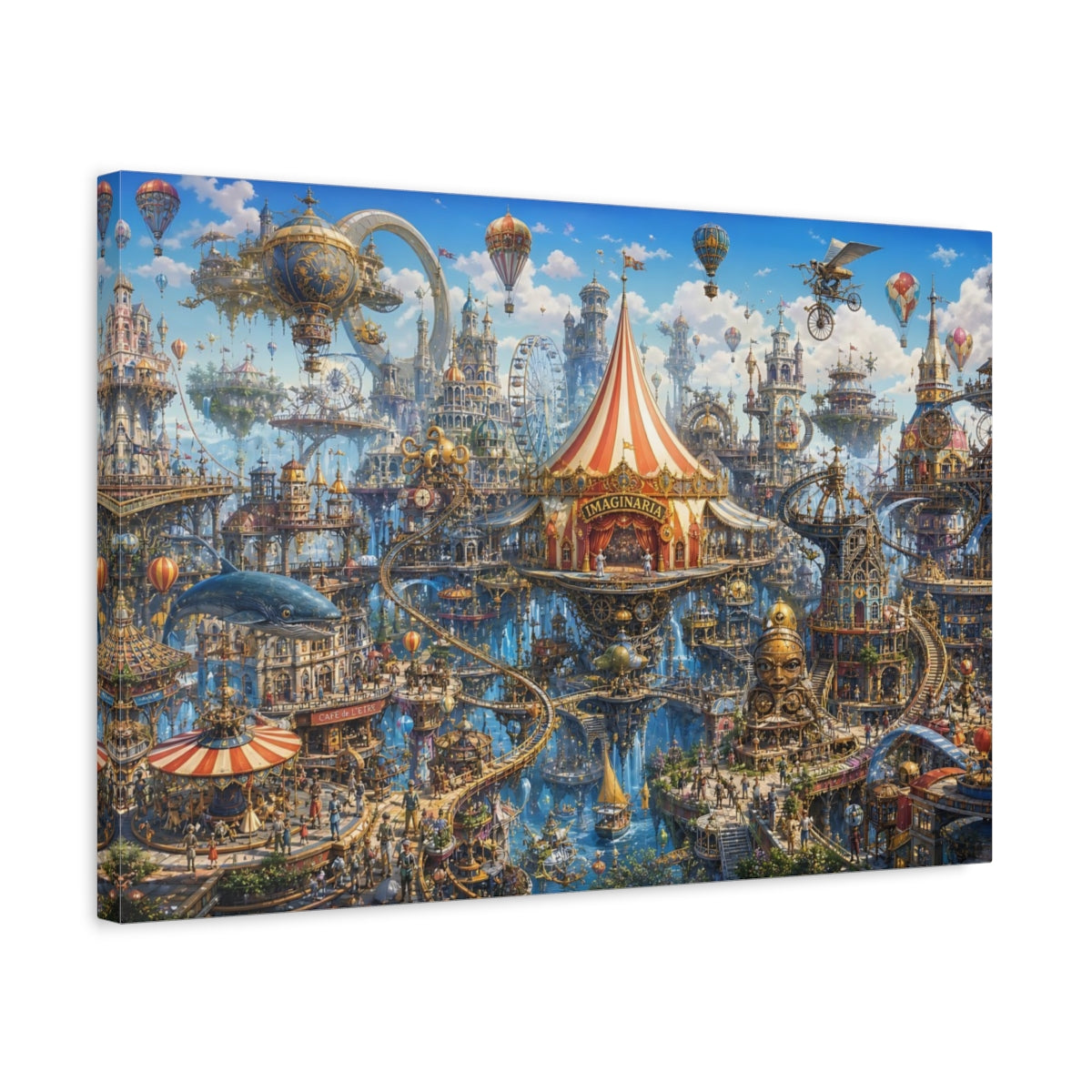 Side Mockup 3. Fairytale Fantasy City Whimsical Floating City shown as stretched canvas wall art