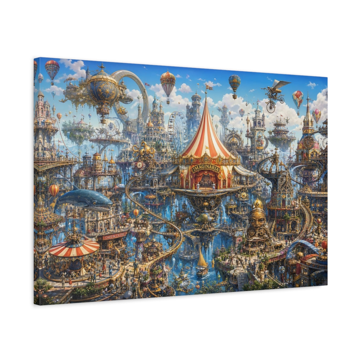 Side Mockup 2. Fairytale Fantasy City Whimsical Floating City shown as stretched canvas wall art
