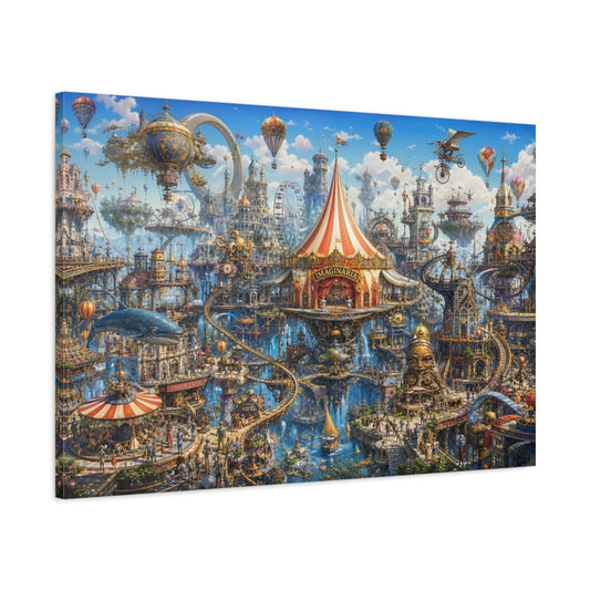Main Mockup. Fairytale Fantasy City Whimsical Floating City shown as stretched canvas wall art
