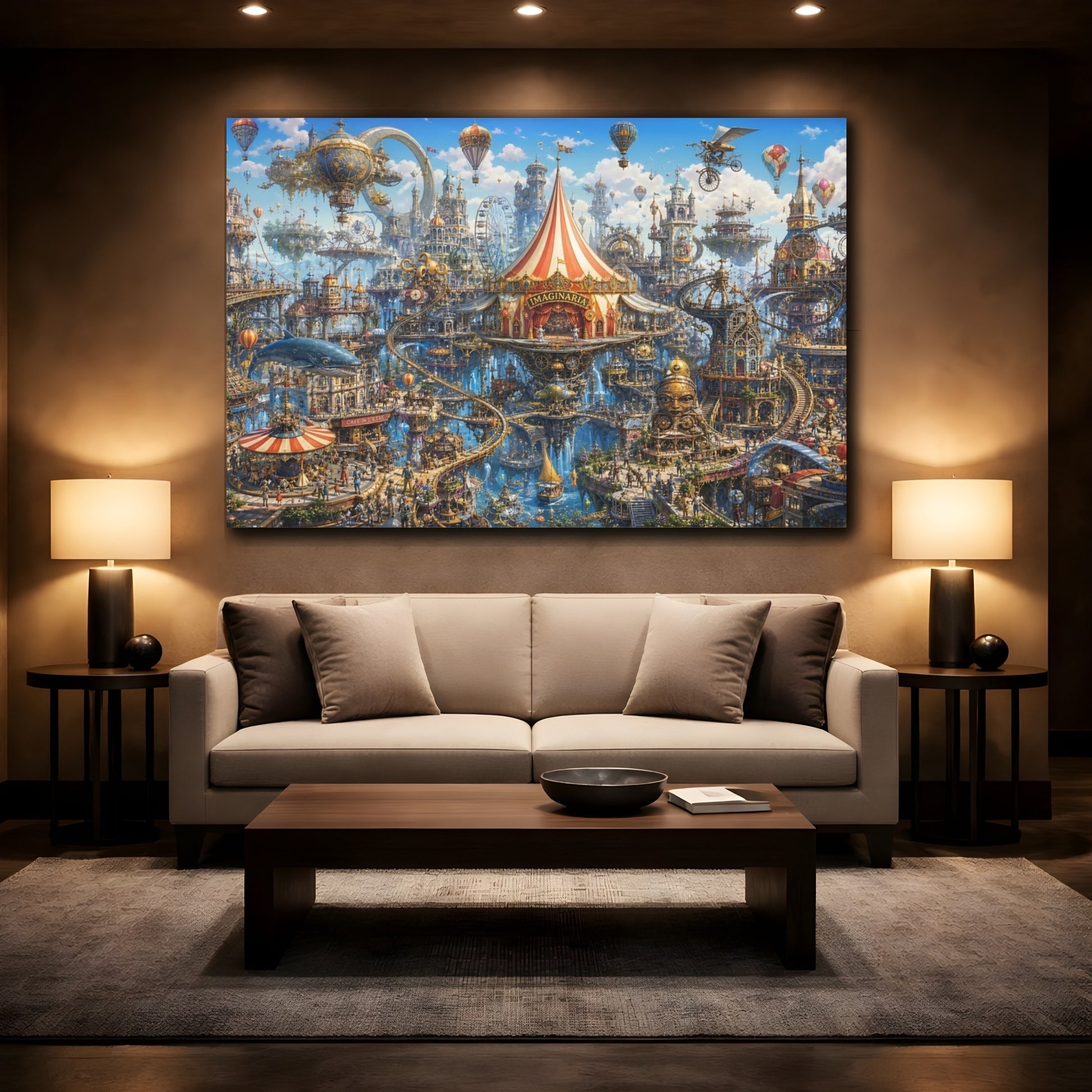 Mockup 2. Fairytale Fantasy City Whimsical Floating City shown as stretched canvas wall art
