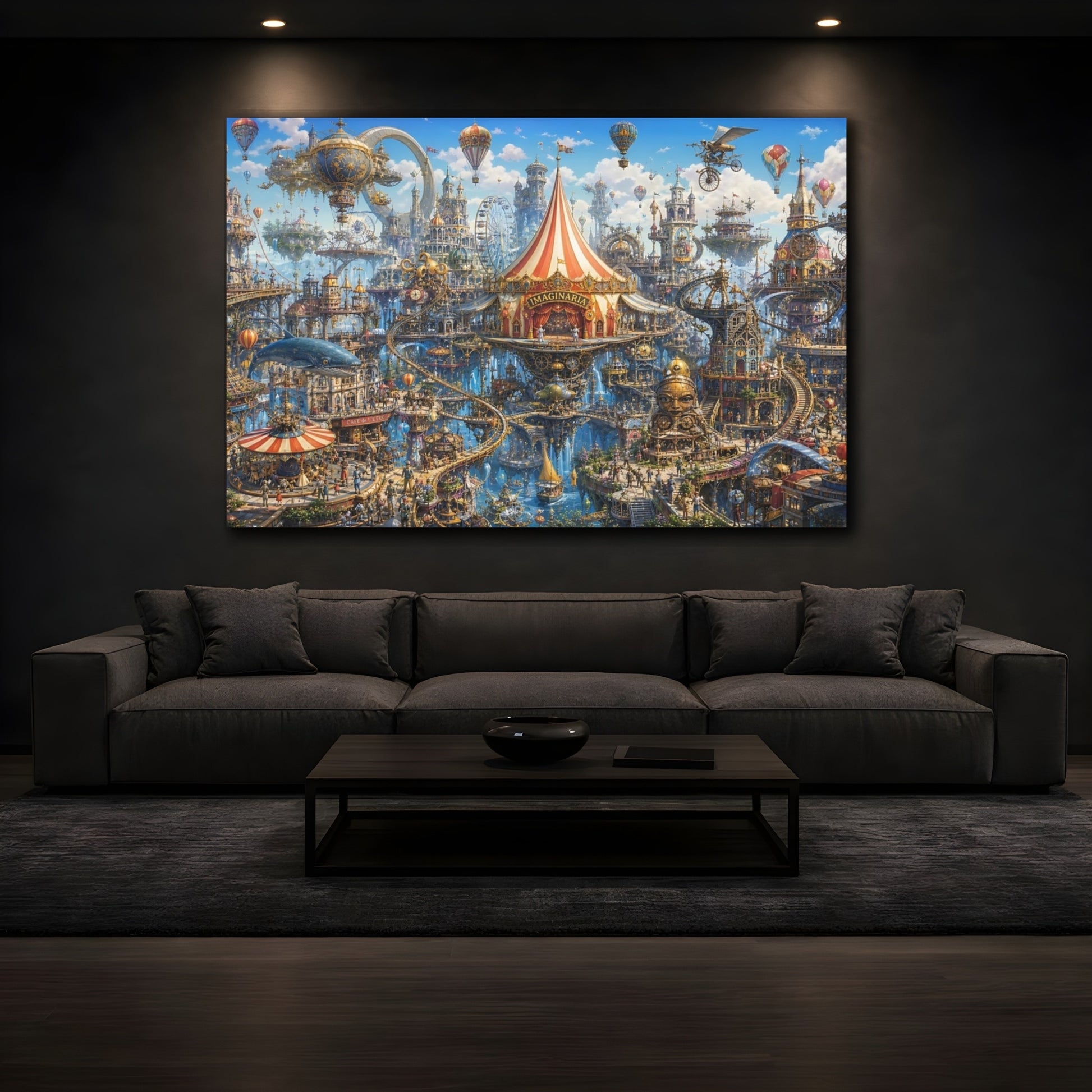 Mockup 3. Fairytale Fantasy City Whimsical Floating City shown as stretched canvas wall art