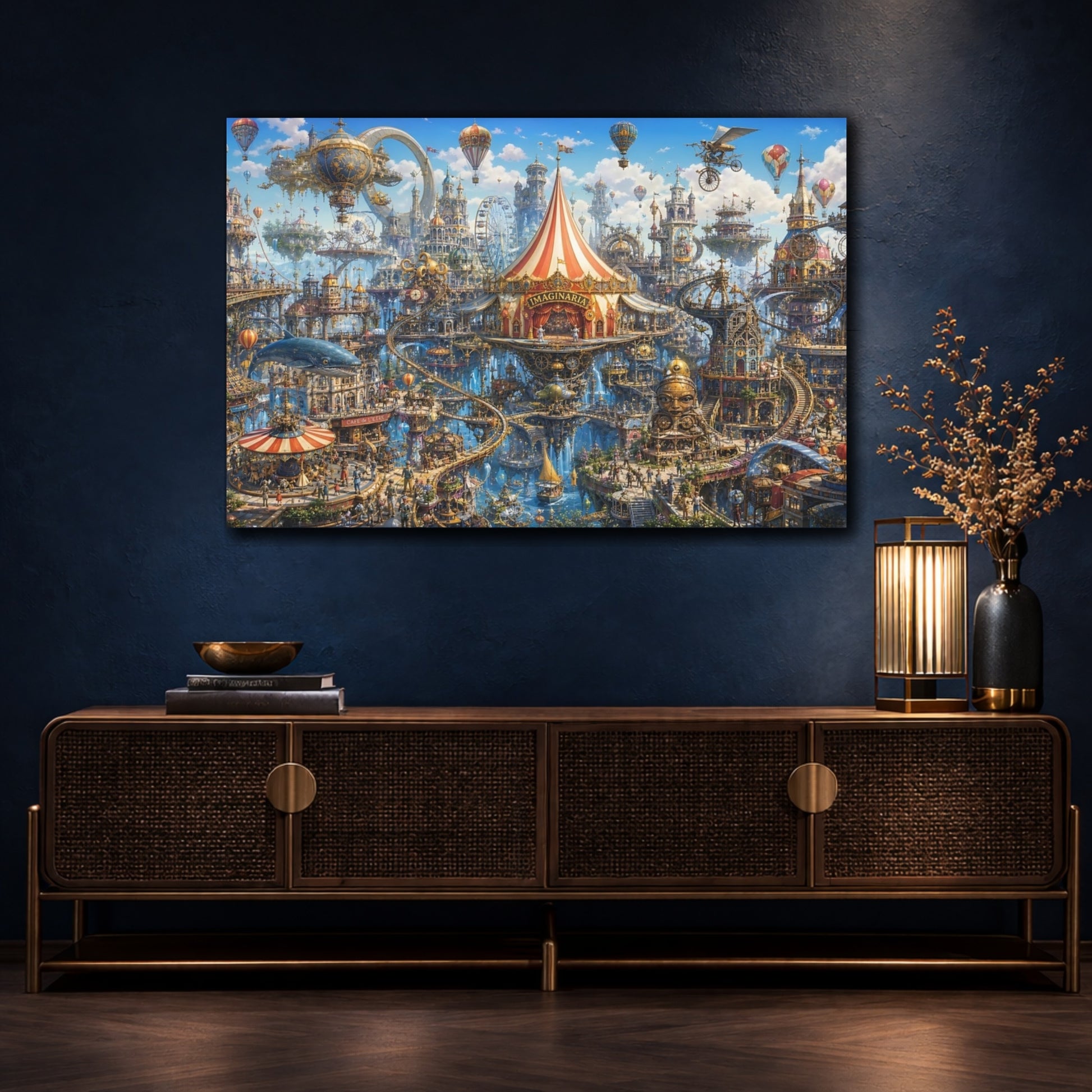 Mockup 4. Fairytale Fantasy City Whimsical Floating City shown as stretched canvas wall art