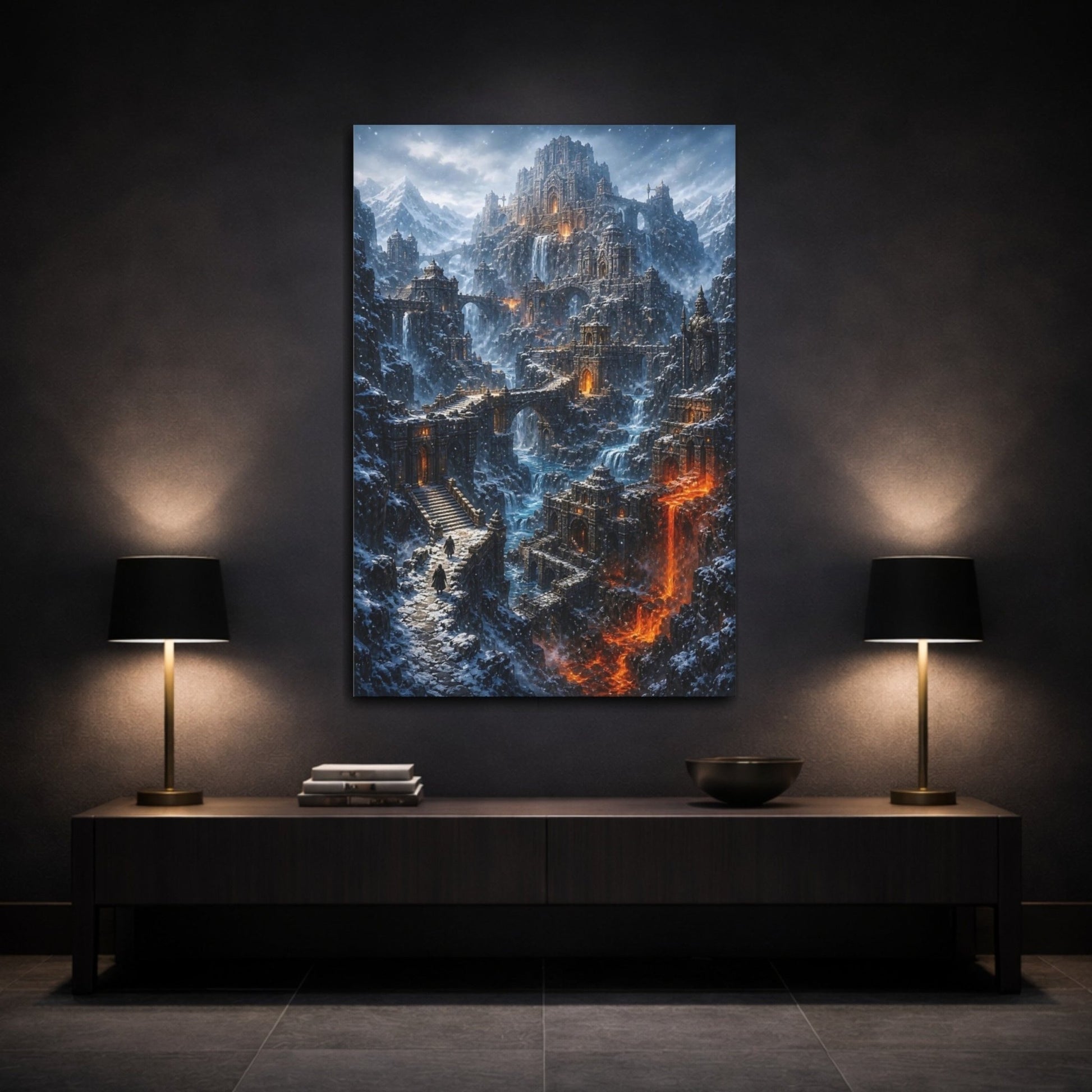 Fairytale Fantasy City Winter Castle Canvas Wall Art Print – Living Room Decor, Above Fireplace - YesArtYes