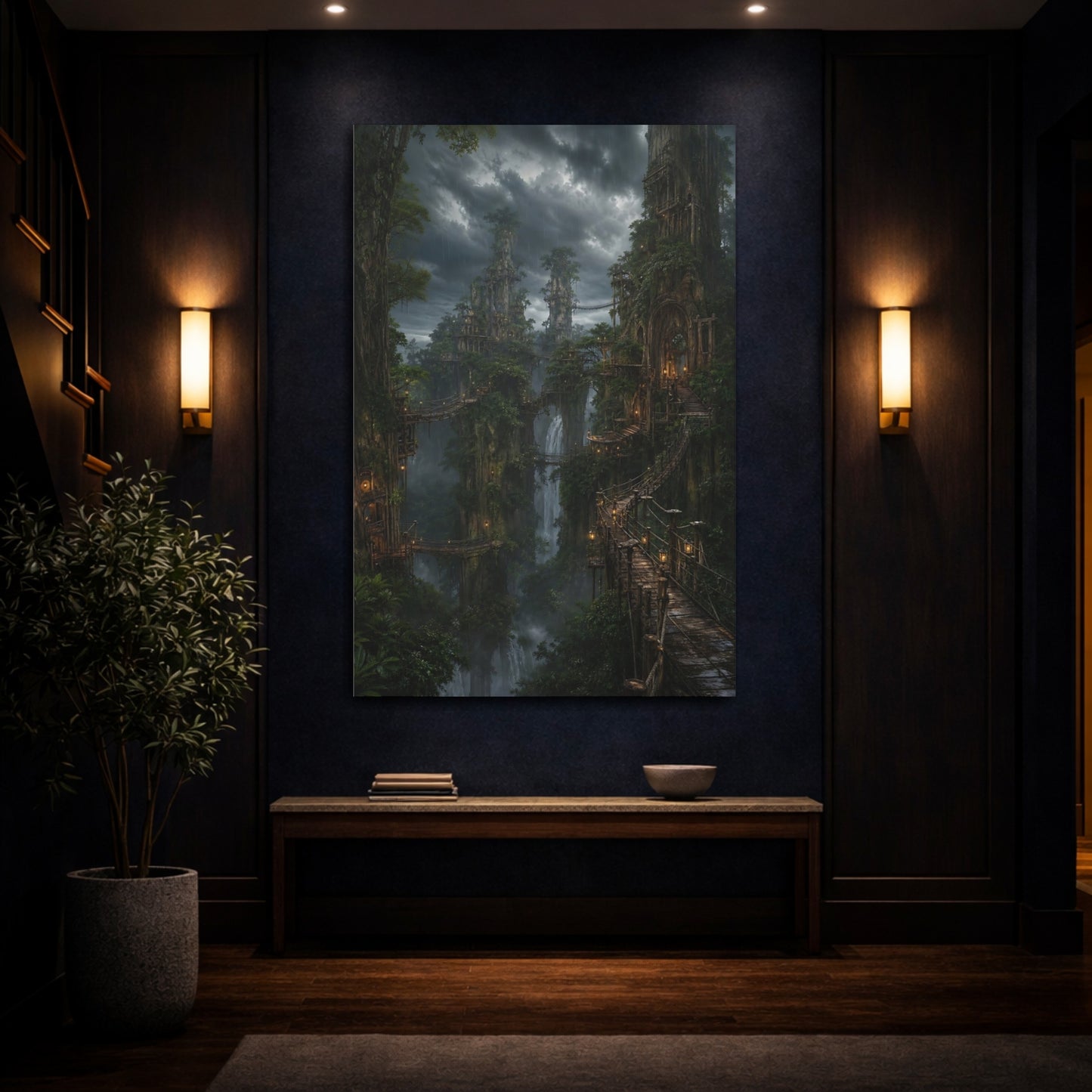 Mockup 4. Fairytale Fantasy Forest Fantasy Green Landscape shown as stretched canvas wall art