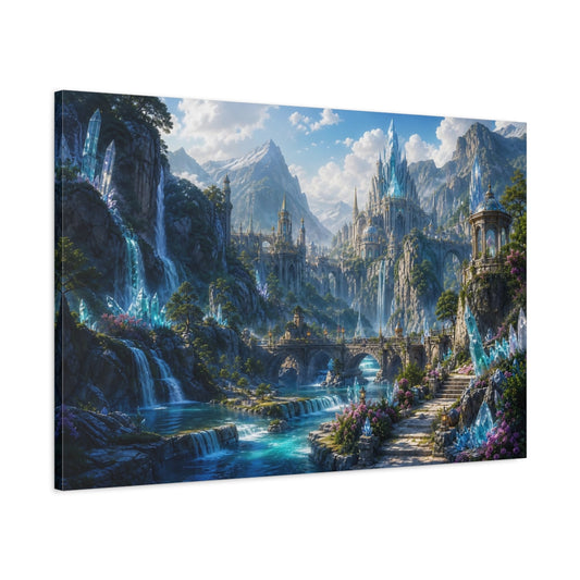 Main Mockup. Fairytale Fantasy Kingdom Blue And Teal shown as stretched canvas wall art
