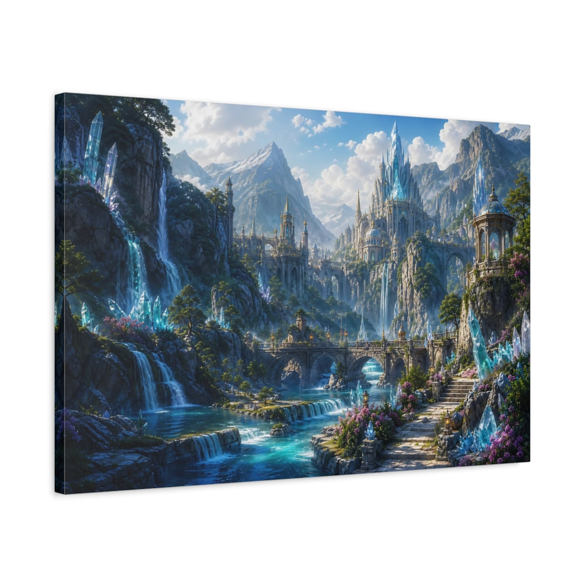 Side Mockup 2. Fairytale Fantasy Kingdom Blue And Teal shown as stretched canvas wall art