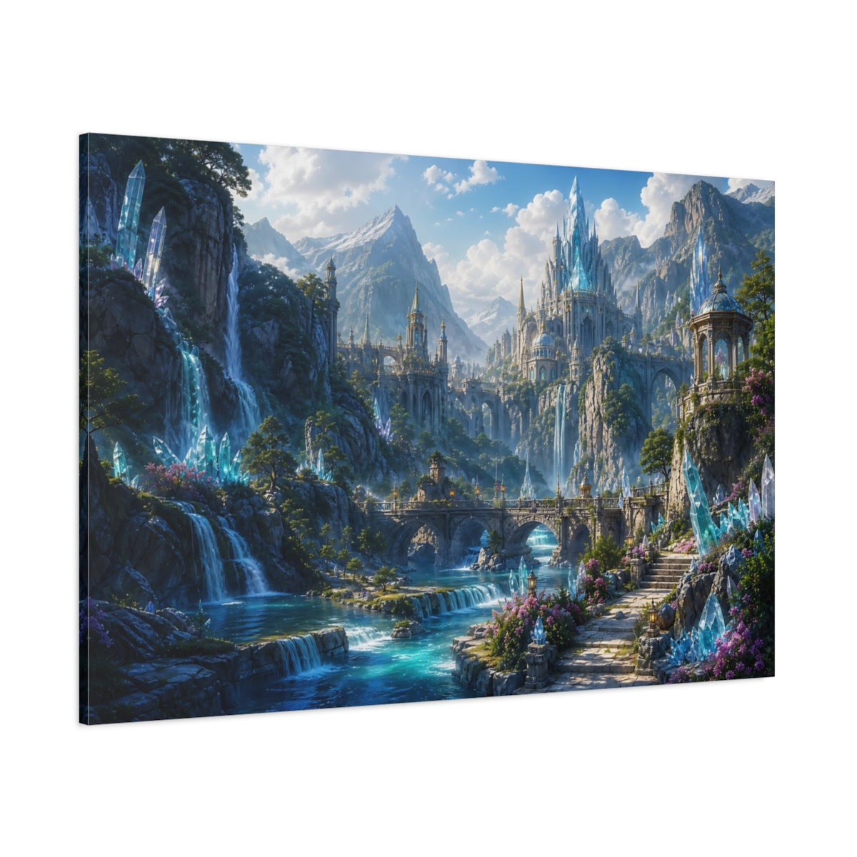 Side Mockup 1. Fairytale Fantasy Kingdom Blue And Teal shown as stretched canvas wall art