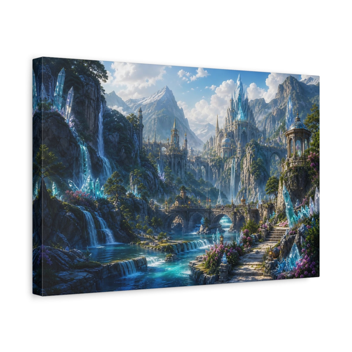 Side Mockup 4. Fairytale Fantasy Kingdom Blue And Teal shown as stretched canvas wall art