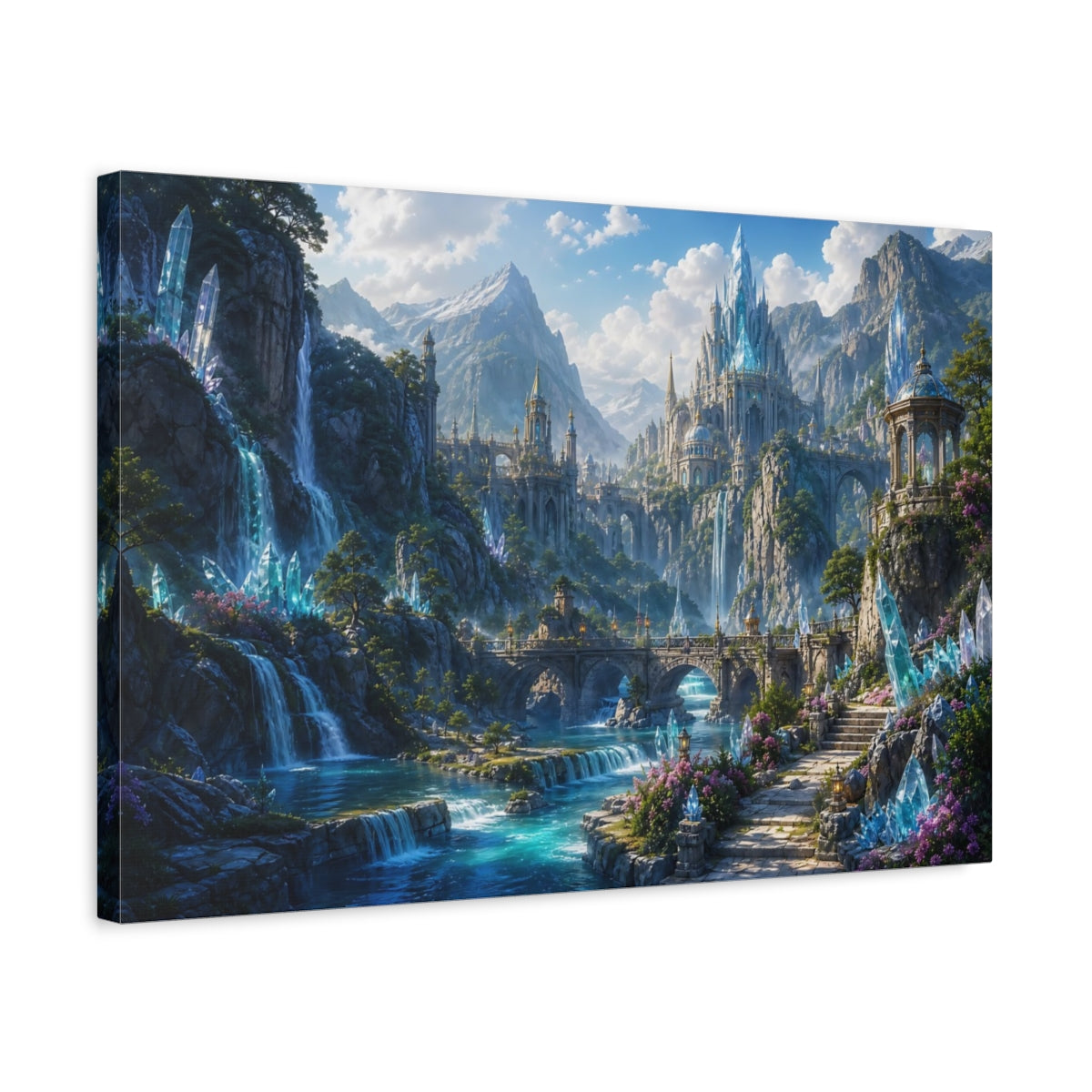 Side Mockup 3. Fairytale Fantasy Kingdom Blue And Teal shown as stretched canvas wall art