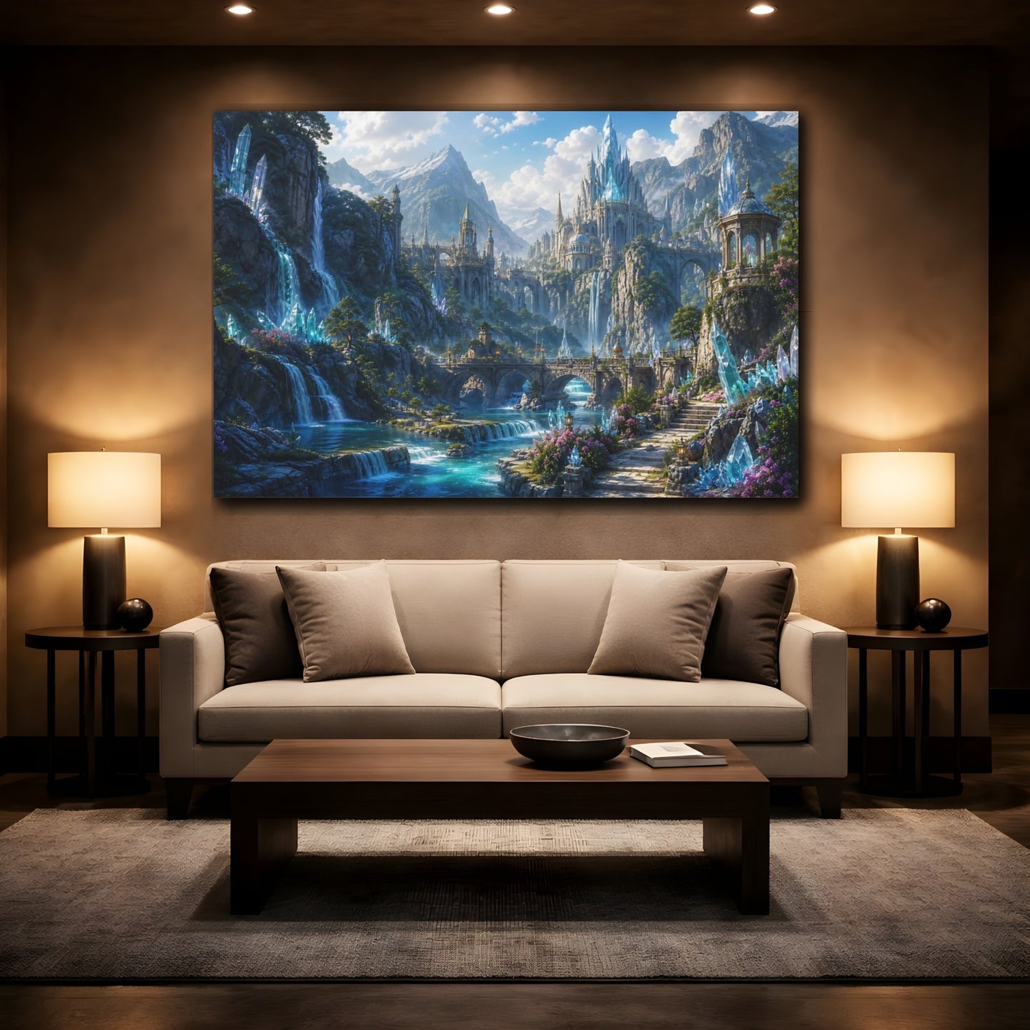 Mockup 2. Fairytale Fantasy Kingdom Blue And Teal shown as stretched canvas wall art