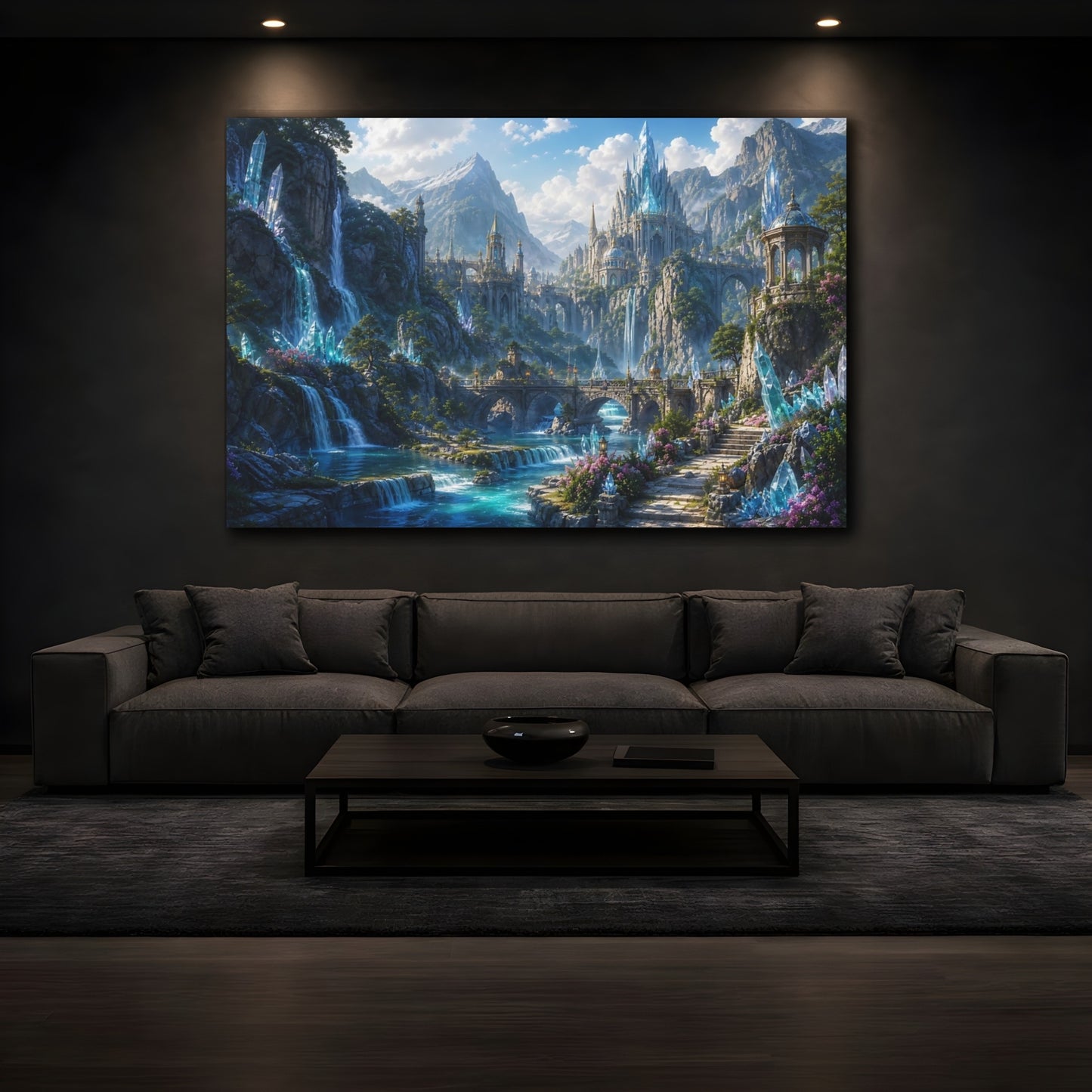 Mockup 3. Fairytale Fantasy Kingdom Blue And Teal shown as stretched canvas wall art