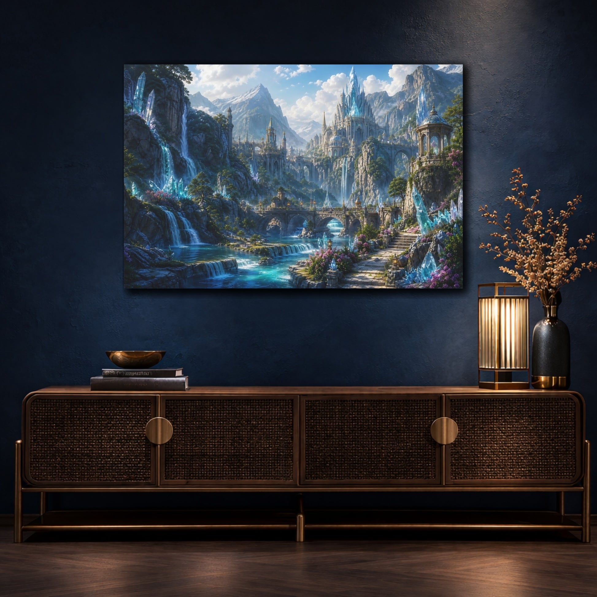 Mockup 4. Fairytale Fantasy Kingdom Blue And Teal shown as stretched canvas wall art