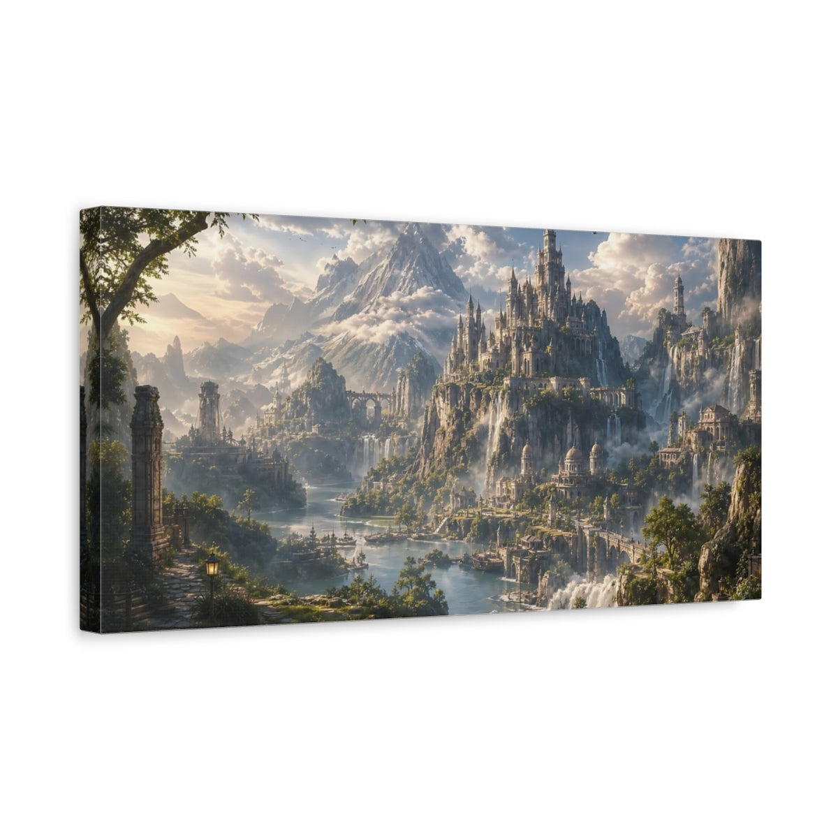 Side Mockup 3. Fairytale Fantasy Kingdom Green And Blue Landscape shown as stretched canvas wall art
