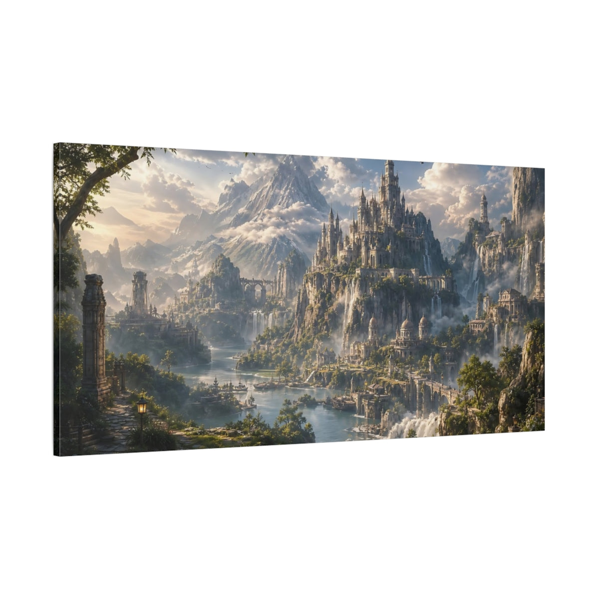 Side Mockup 2. Fairytale Fantasy Kingdom Green And Blue Landscape shown as stretched canvas wall art