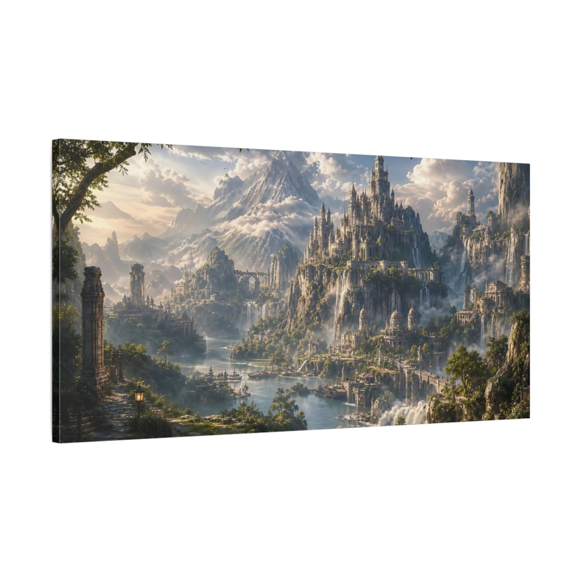 Main Mockup. Fairytale Fantasy Kingdom Green And Blue Landscape shown as stretched canvas wall art