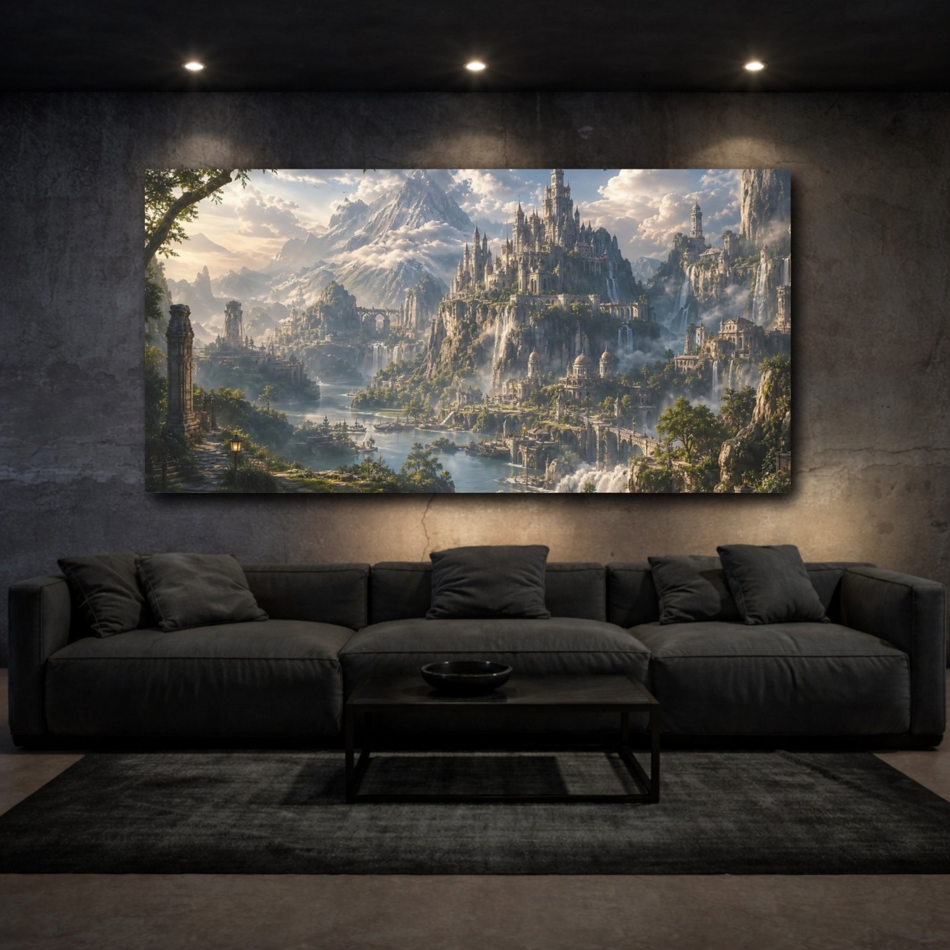 Mockup 2. Fairytale Fantasy Kingdom Green And Blue Landscape shown as stretched canvas wall art