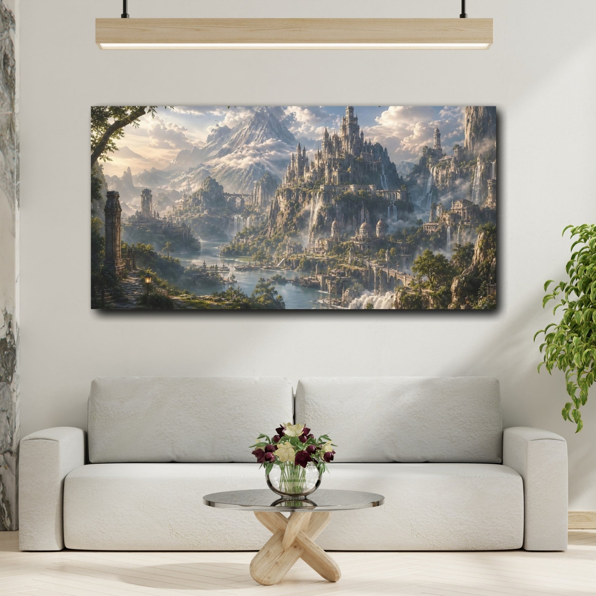 Mockup 3. Fairytale Fantasy Kingdom Green And Blue Landscape shown as stretched canvas wall art