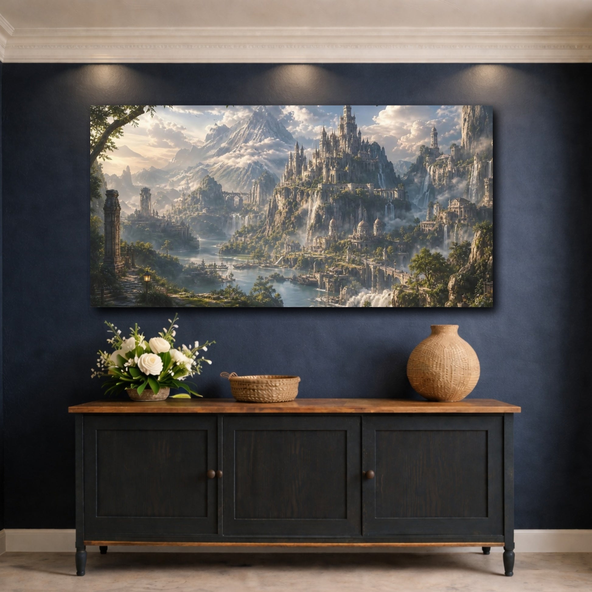 Mockup 4. Fairytale Fantasy Kingdom Green And Blue Landscape shown as stretched canvas wall art