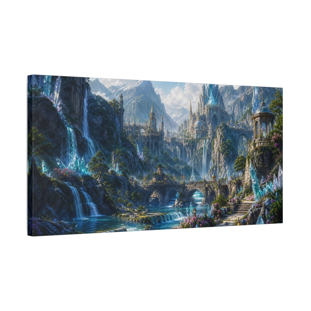 Side Mockup 1. Fairytale Fantasy Landscape Blue And Green shown as stretched canvas wall art