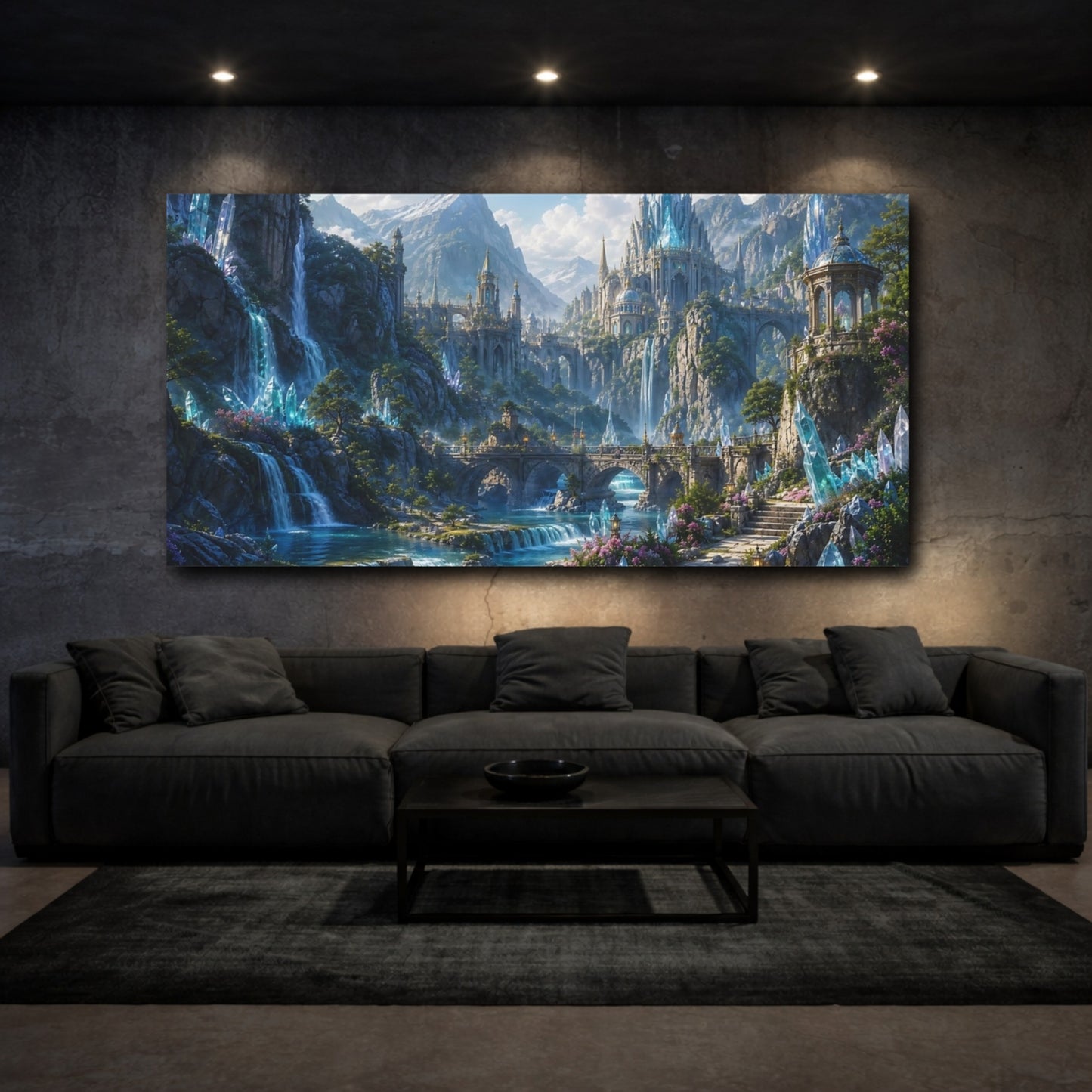 Mockup 2. Fairytale Fantasy Landscape Blue And Green shown as stretched canvas wall art