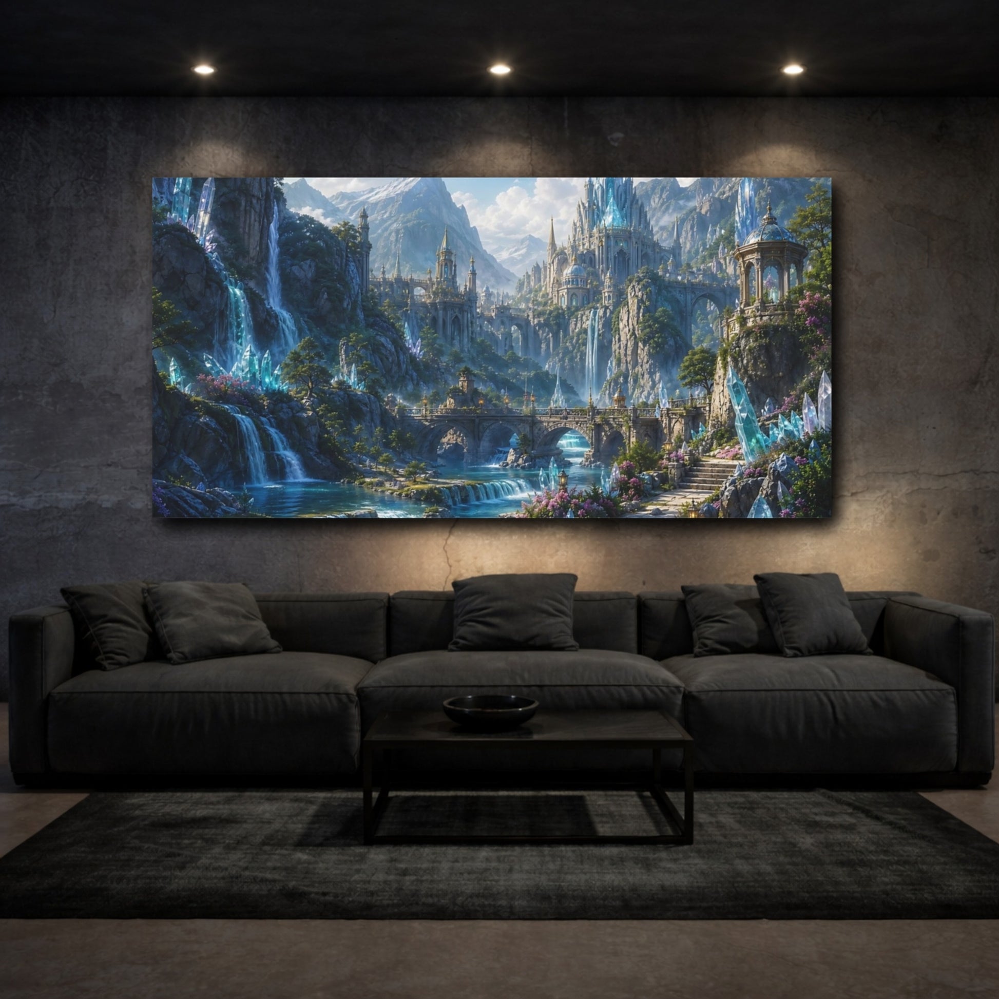 Mockup 2. Fairytale Fantasy Landscape Blue And Green shown as stretched canvas wall art