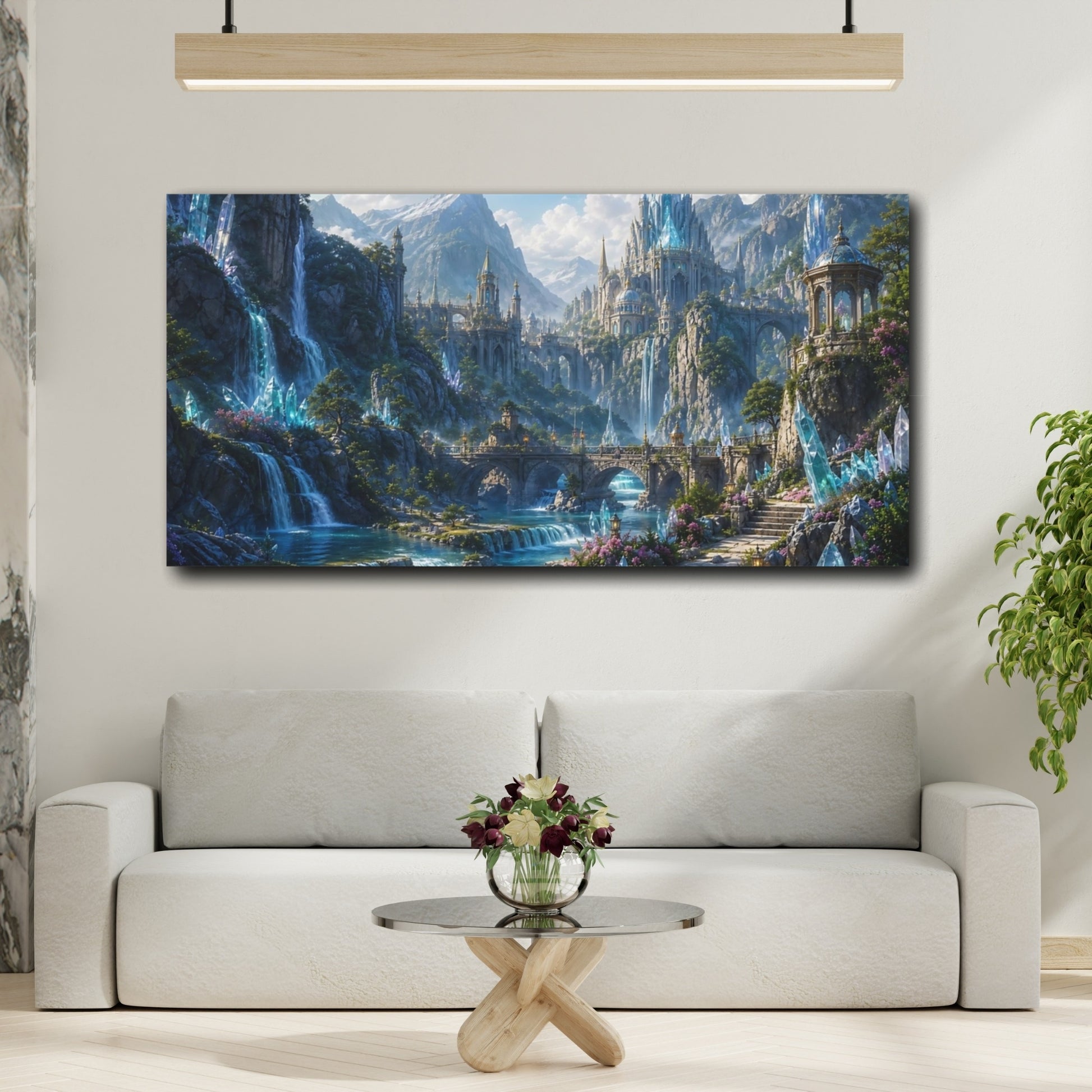 Mockup 3. Fairytale Fantasy Landscape Blue And Green shown as stretched canvas wall art