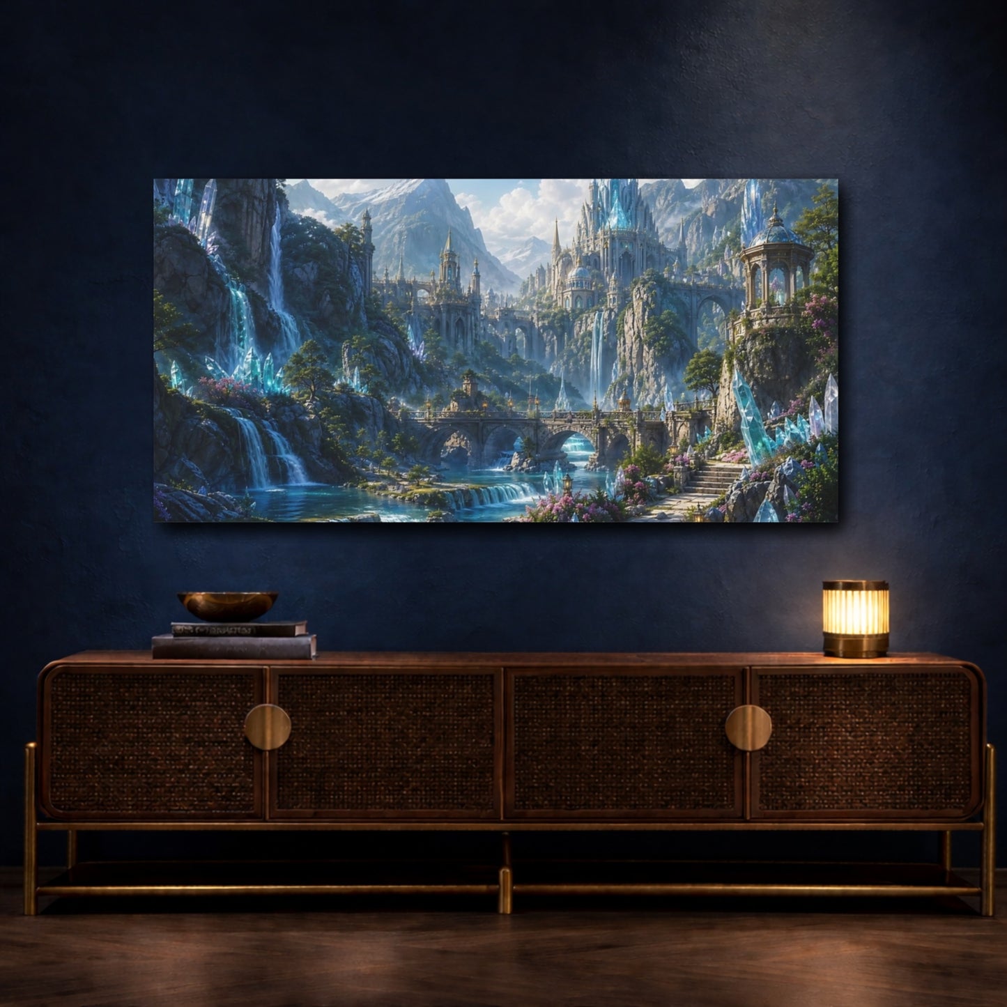 Mockup 4. Fairytale Fantasy Landscape Blue And Green shown as stretched canvas wall art