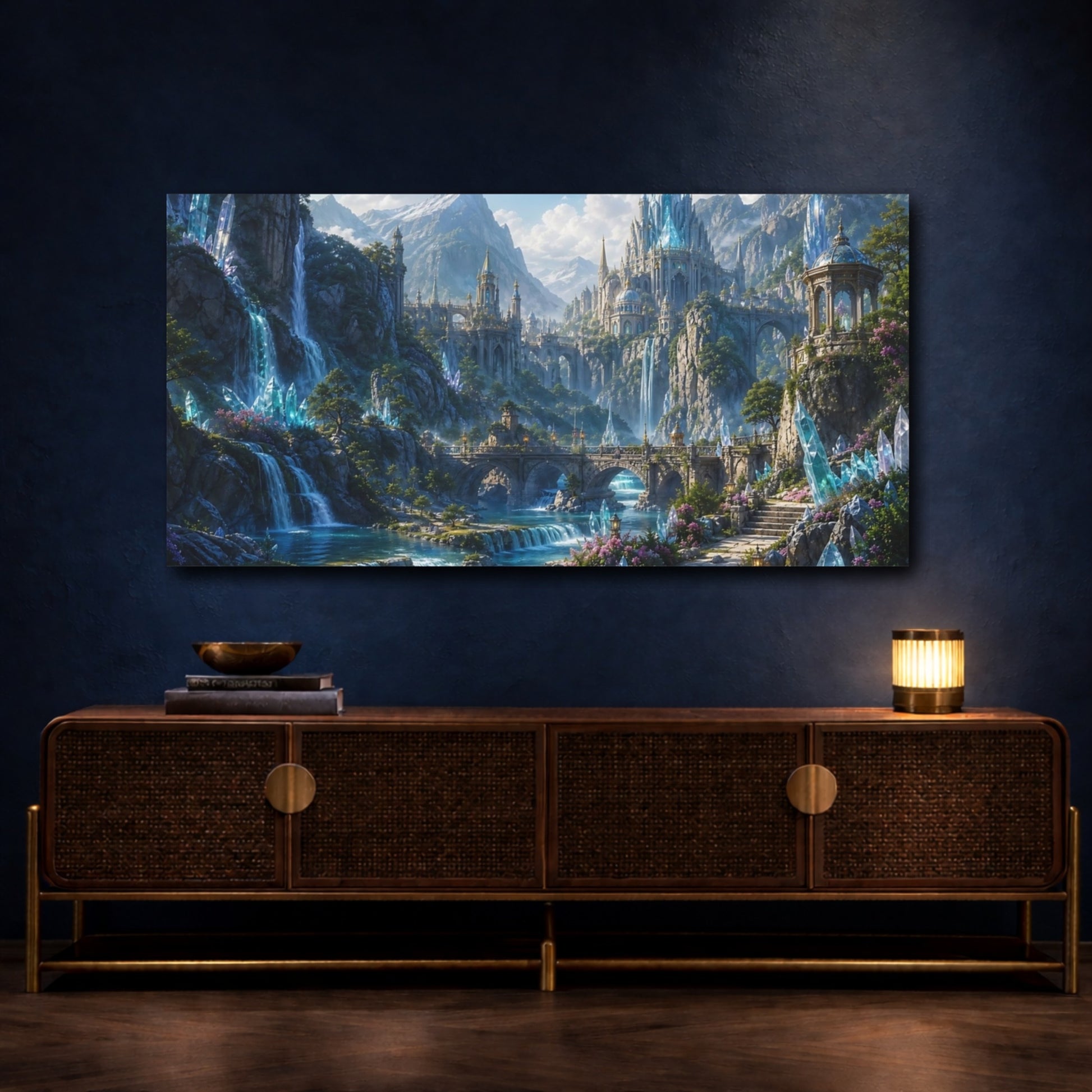 Mockup 4. Fairytale Fantasy Landscape Blue And Green shown as stretched canvas wall art