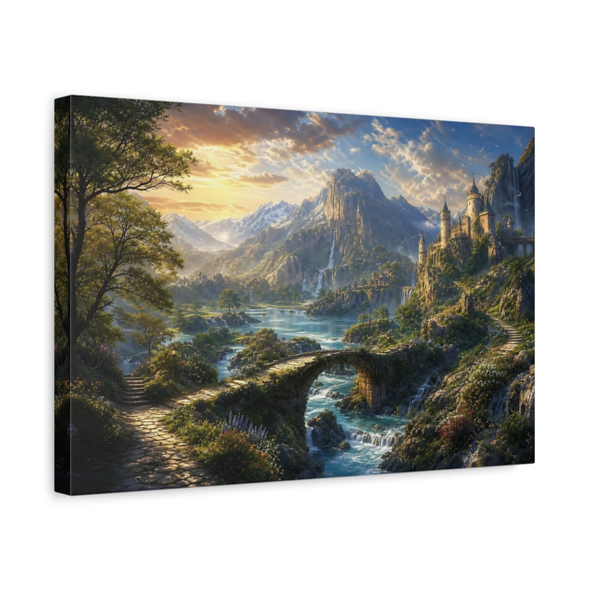 Side Mockup 4. Fairytale Fantasy Landscape Green Blue Landscape shown as stretched canvas wall art
