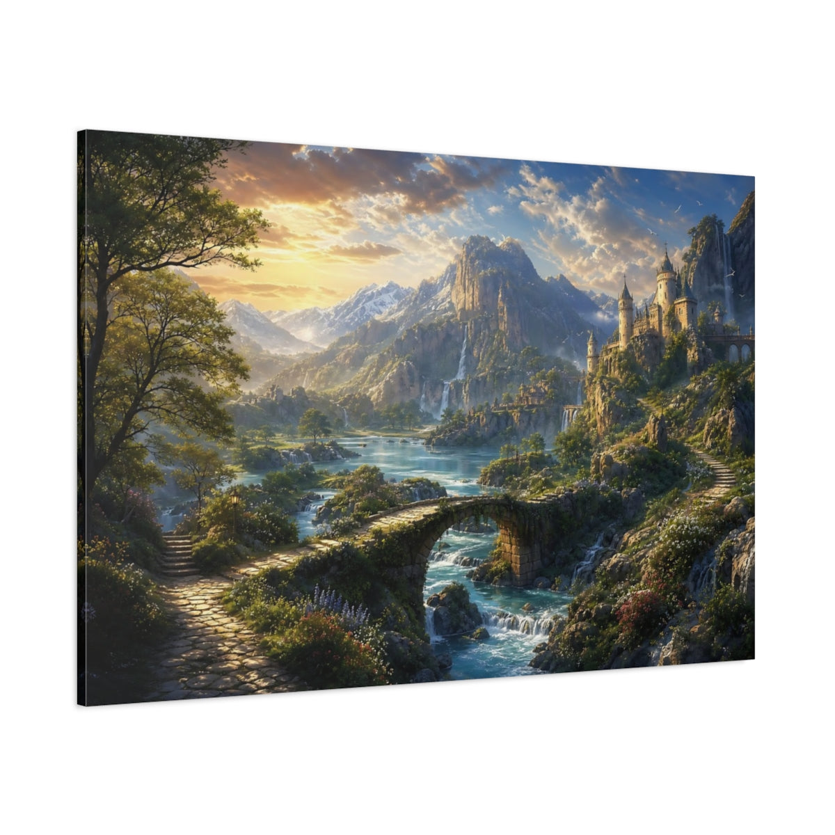 Side Mockup 1. Fairytale Fantasy Landscape Green Blue Landscape shown as stretched canvas wall art