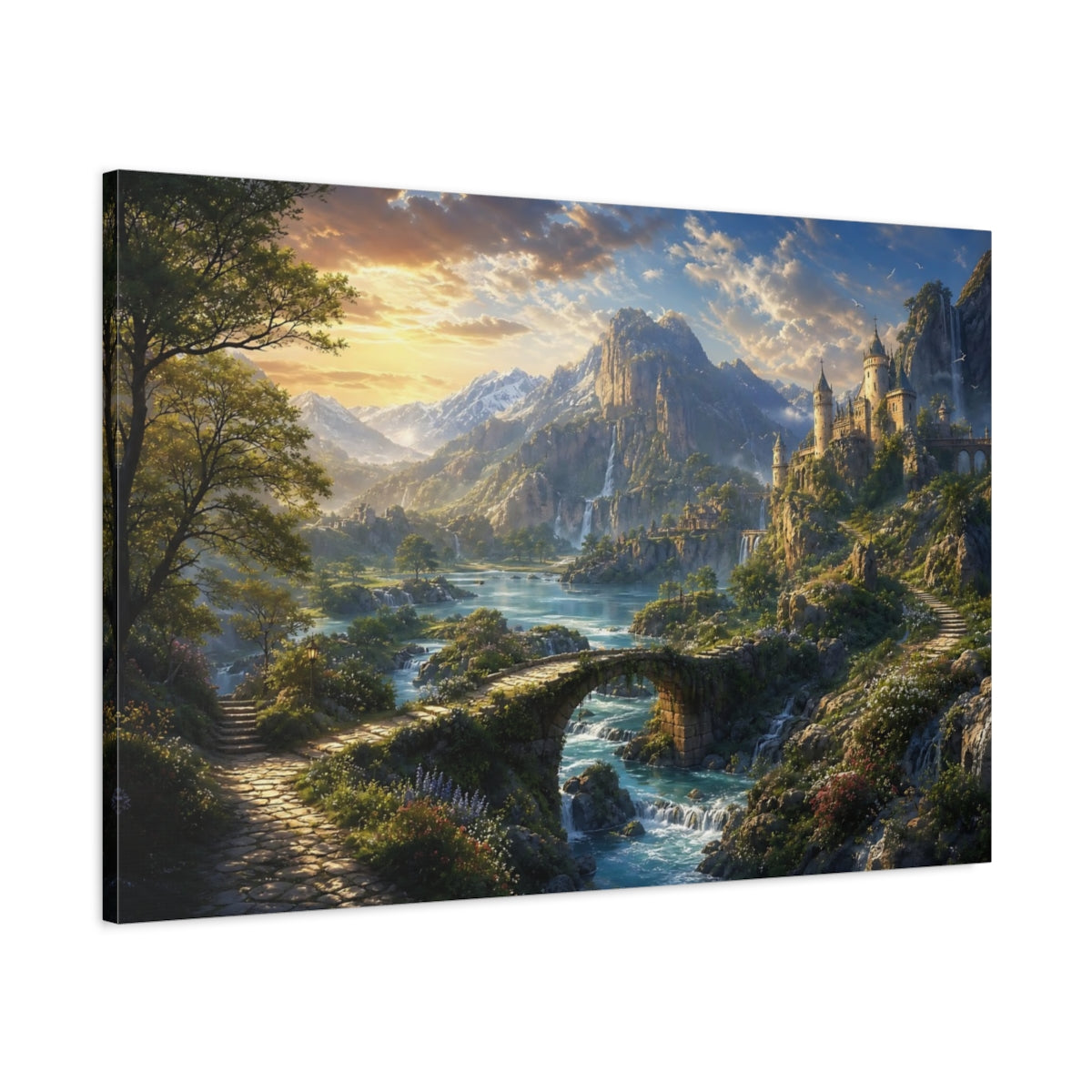 Main Mockup. Fairytale Fantasy Landscape Green Blue Landscape shown as stretched canvas wall art