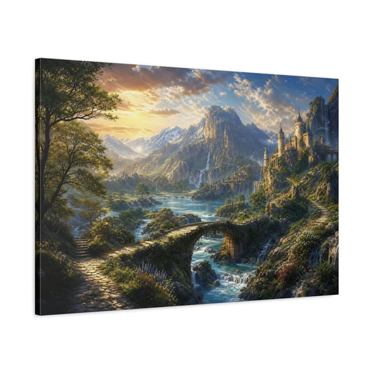 Main Mockup. Fairytale Fantasy Landscape Green Blue Landscape shown as stretched canvas wall art