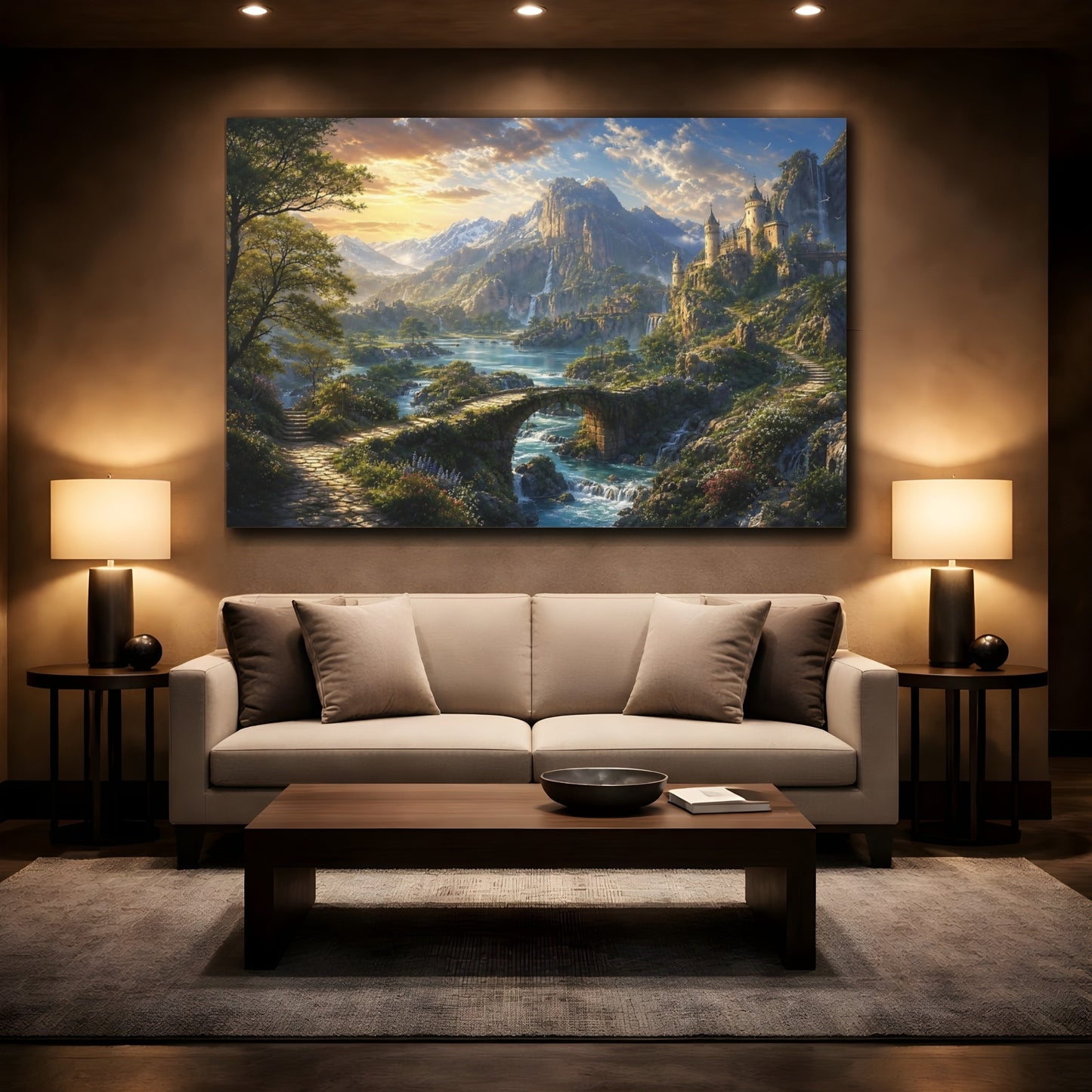 Mockup 2. Fairytale Fantasy Landscape Green Blue Landscape shown as stretched canvas wall art