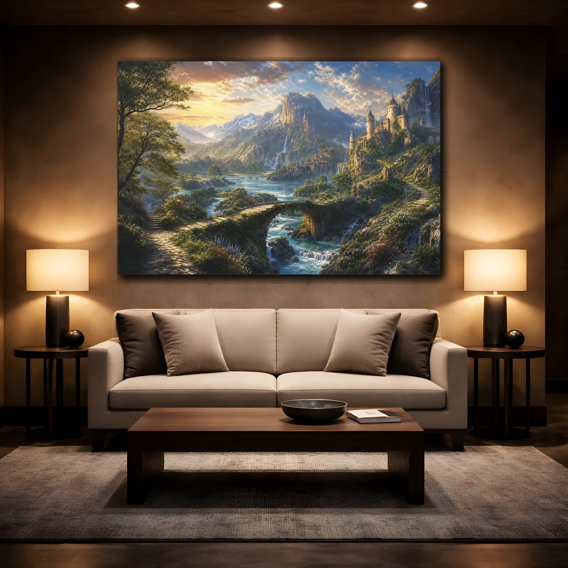 Mockup 2. Fairytale Fantasy Landscape Green Blue Landscape shown as stretched canvas wall art