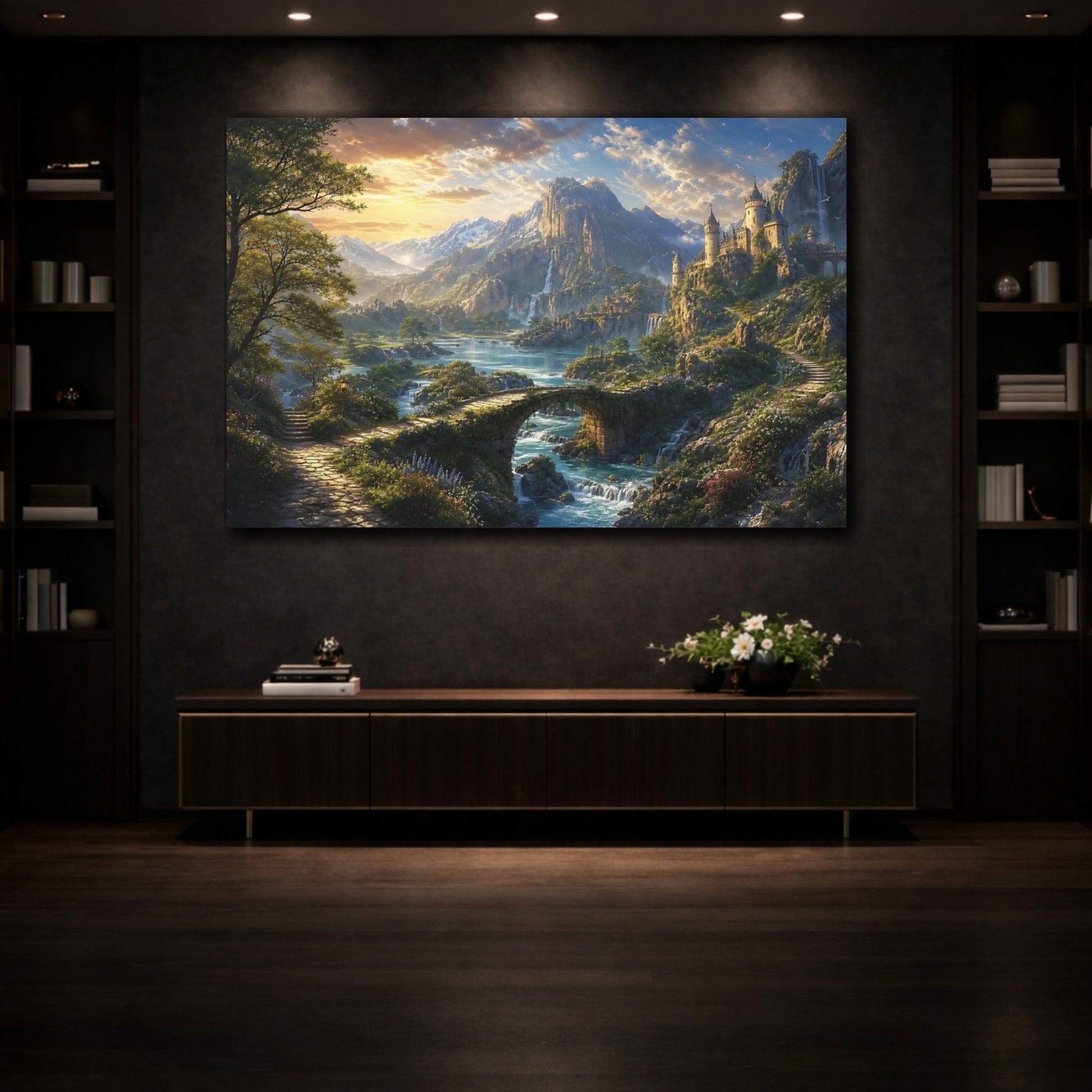 Mockup 3. Fairytale Fantasy Landscape Green Blue Landscape shown as stretched canvas wall art