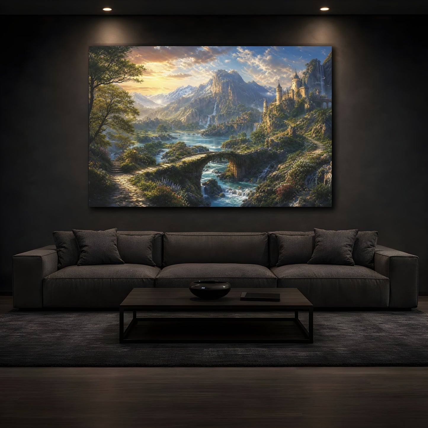 Mockup 4. Fairytale Fantasy Landscape Green Blue Landscape shown as stretched canvas wall art
