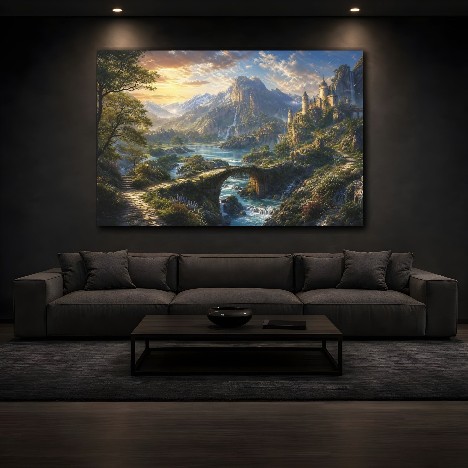 Mockup 4. Fairytale Fantasy Landscape Green Blue Landscape shown as stretched canvas wall art